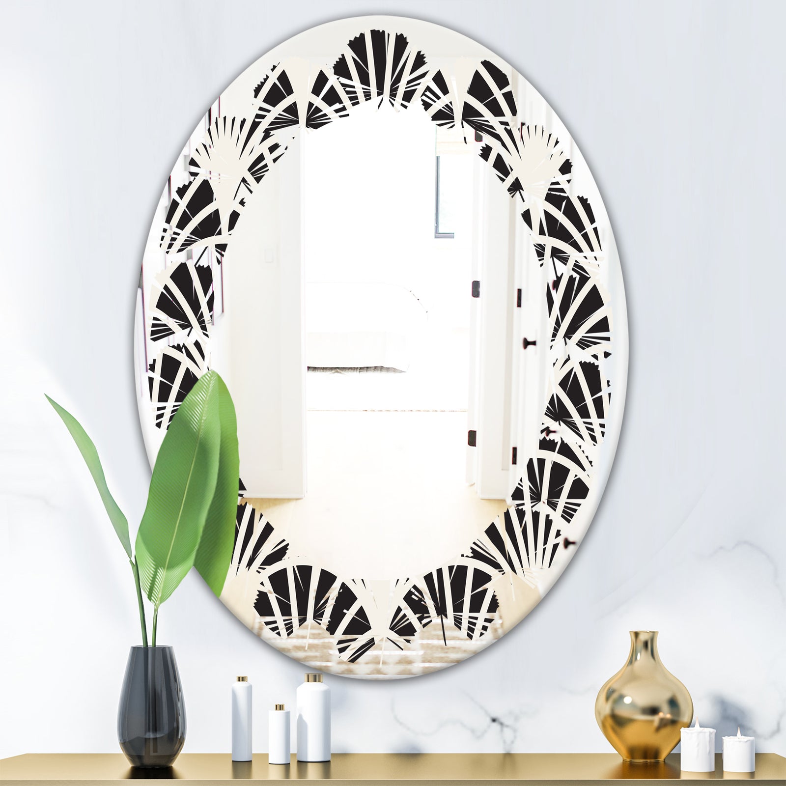 Retro Art Deco Waves I - Modern Round or Oval Wall Mirror - Leaves
