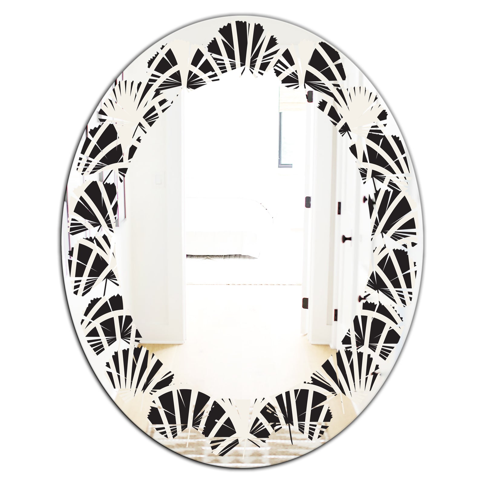 Retro Art Deco Waves I - Modern Round or Oval Wall Mirror - Leaves
