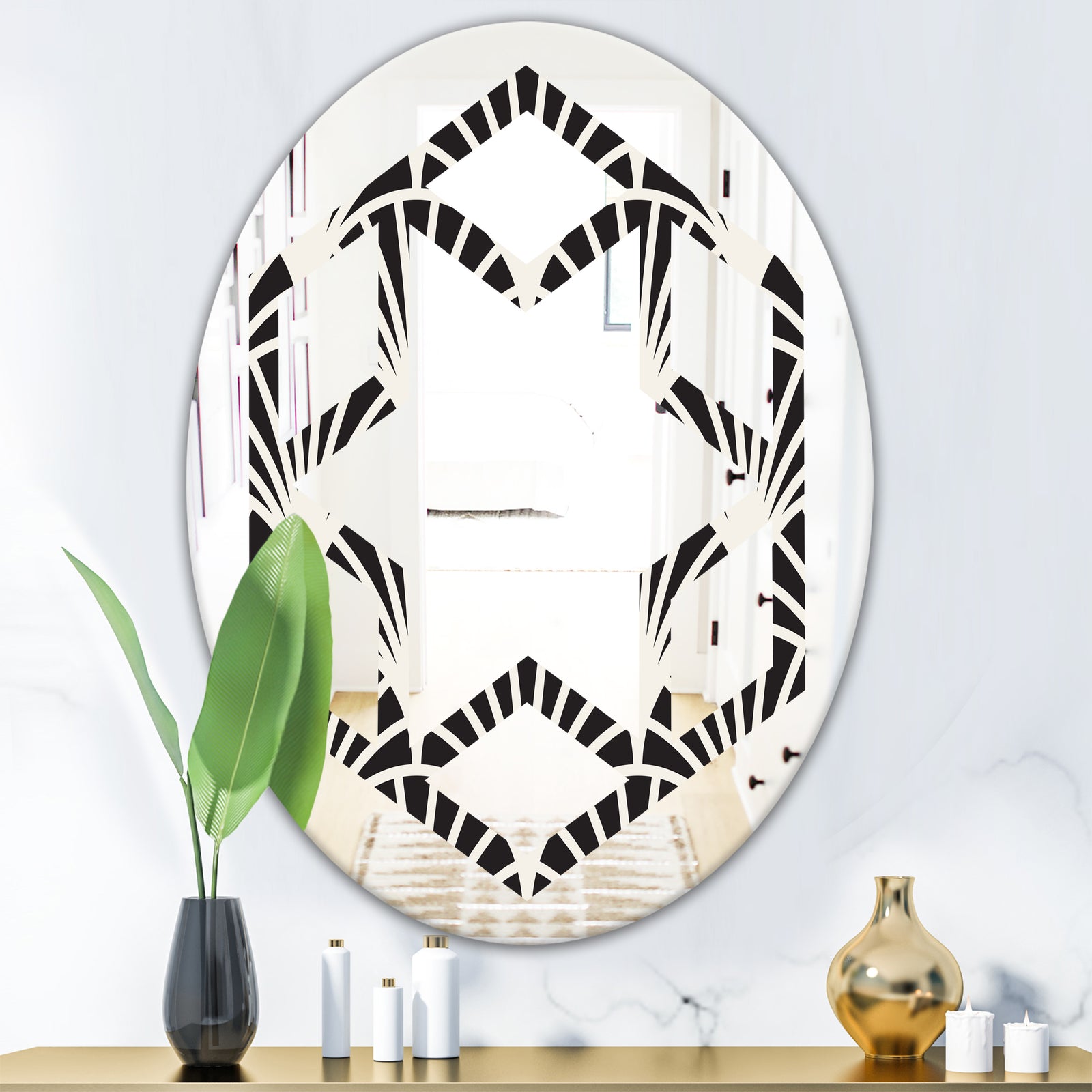 Retro Art Deco Waves I - Modern Round or Oval Wall Mirror - Hexagon Star