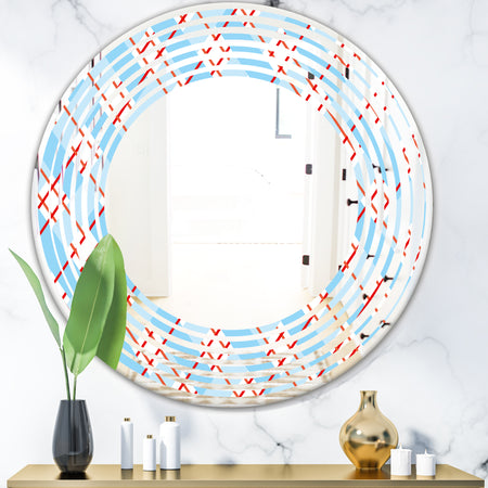 Blue and Red Plaid - Modern Round or Oval Wall Mirror - Wave