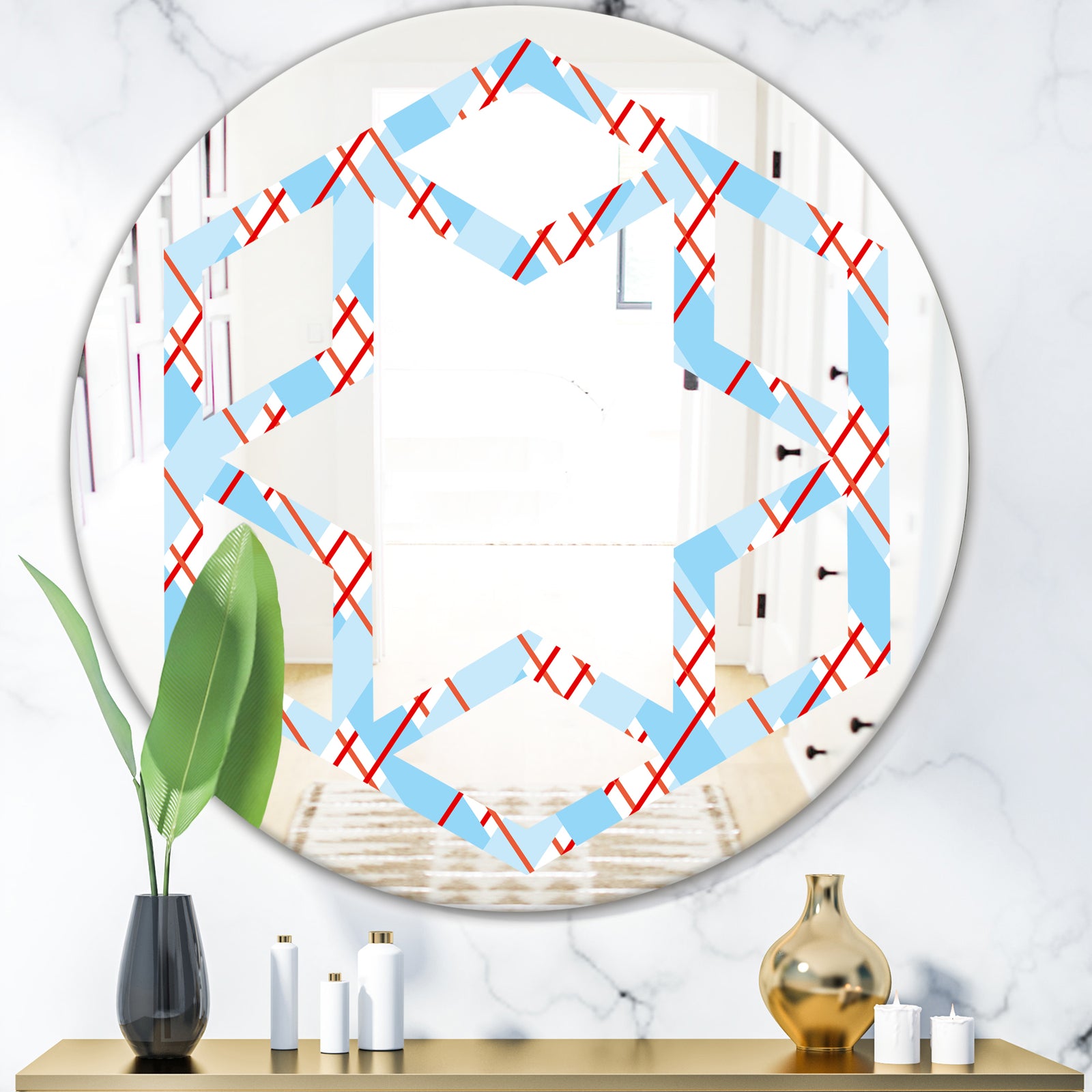 Blue and Red Plaid - Modern Round or Oval Wall Mirror - Hexagon Star