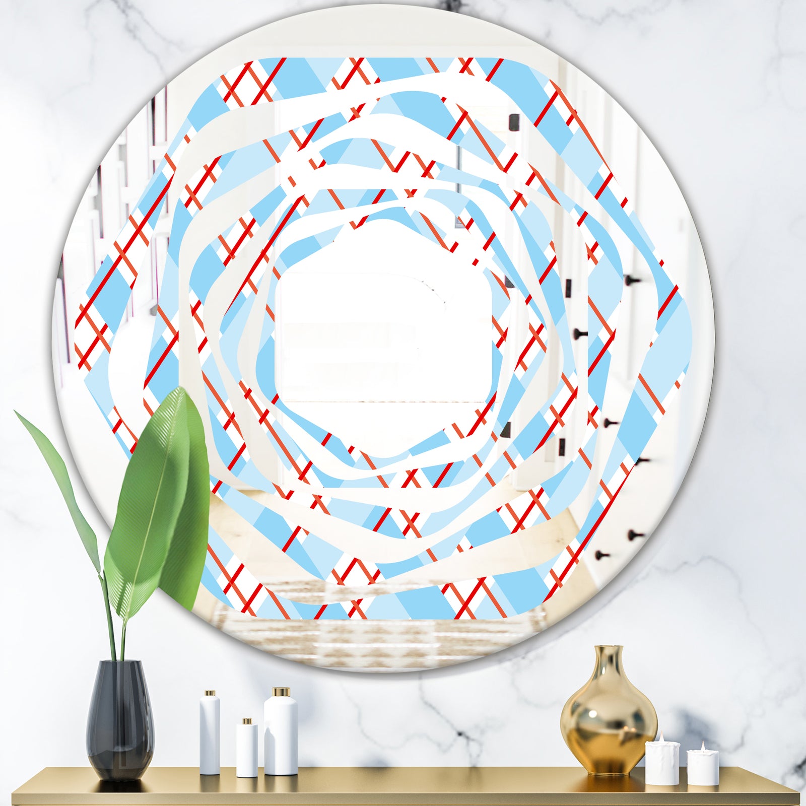 Blue and Red Plaid - Modern Round or Oval Wall Mirror - Whirl