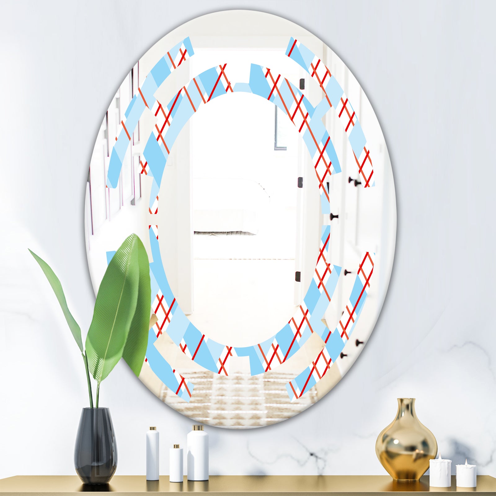 Blue and Red Plaid - Modern Round or Oval Wall Mirror - Space