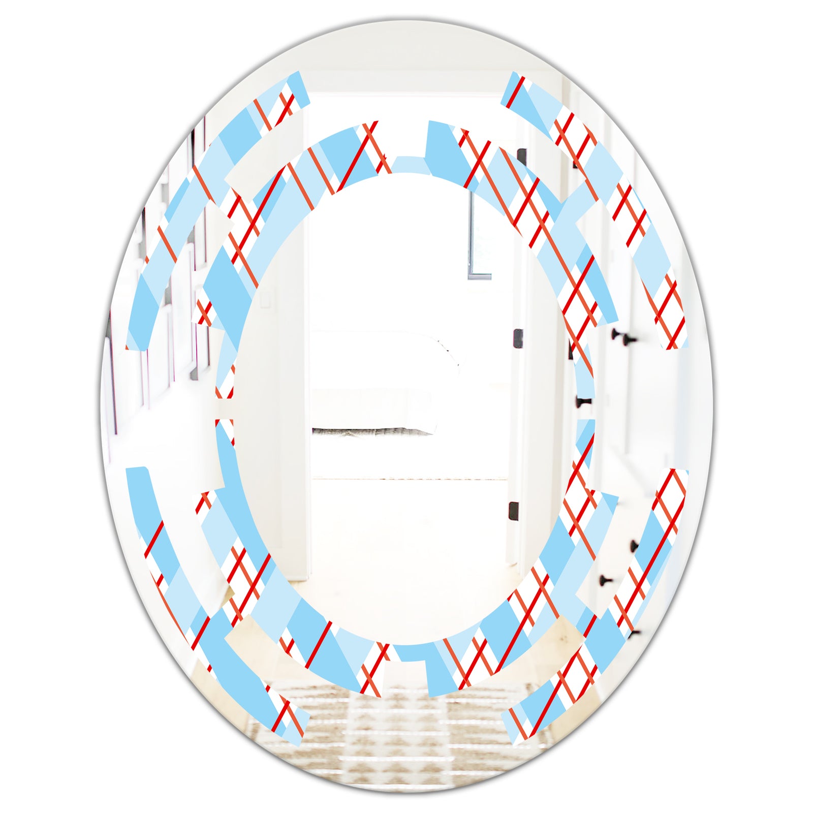 Blue and Red Plaid - Modern Round or Oval Wall Mirror - Space