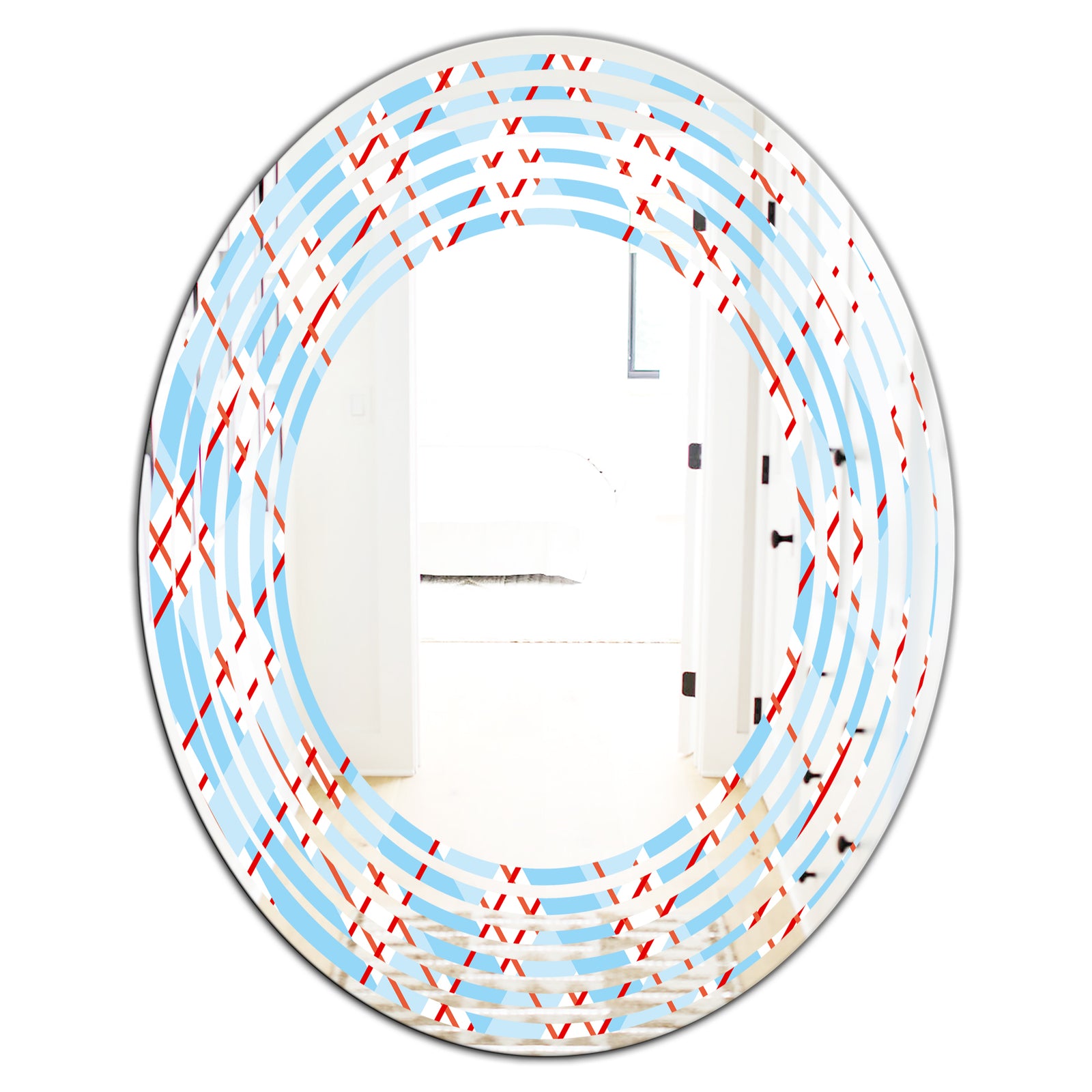 Blue and Red Plaid - Modern Round or Oval Wall Mirror - Wave