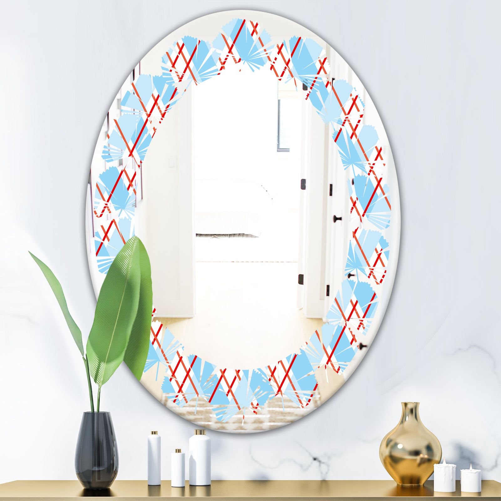 Blue and Red Plaid - Modern Round or Oval Wall Mirror - Leaves