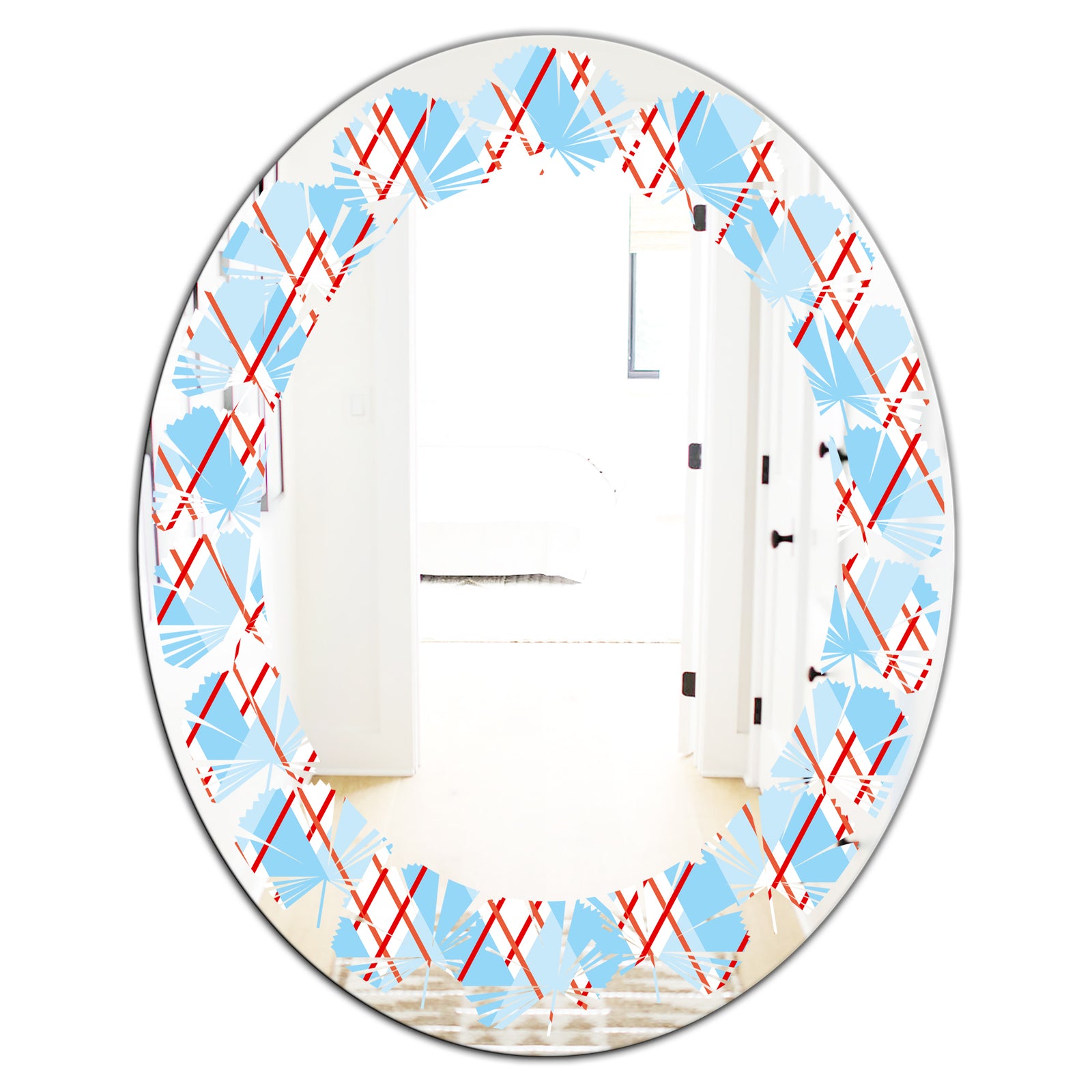 Blue and Red Plaid - Modern Round or Oval Wall Mirror - Leaves
