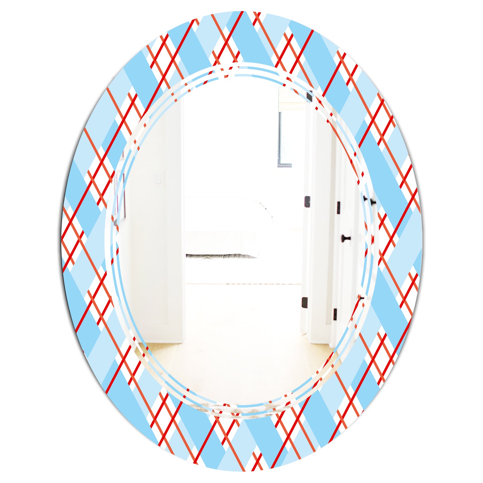 Blue and Red Plaid - Modern Round or Oval Wall Mirror - Triple C