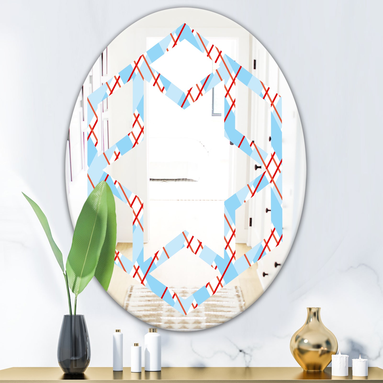 Blue and Red Plaid - Modern Round or Oval Wall Mirror - Hexagon Star