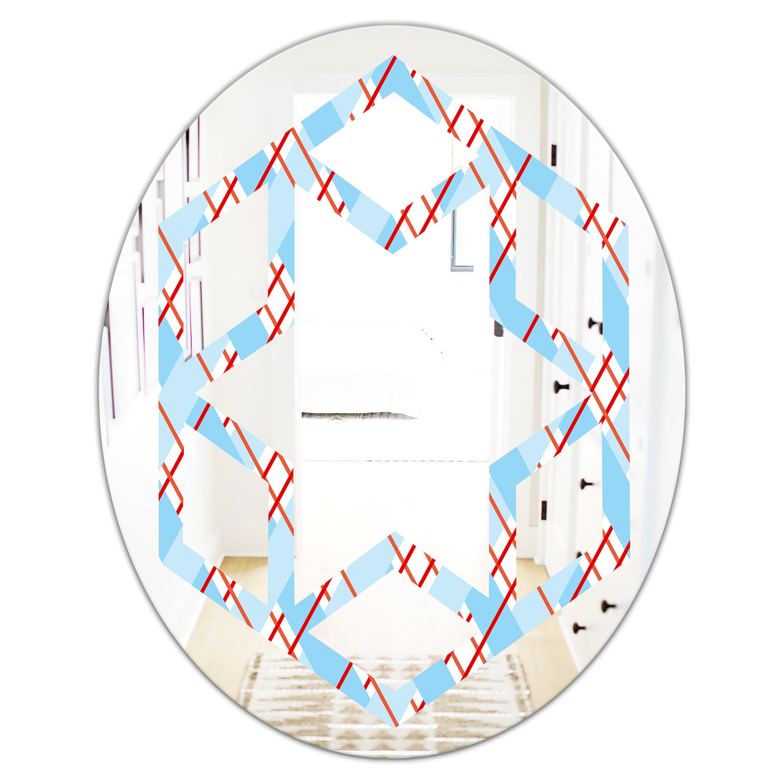 Blue and Red Plaid - Modern Round or Oval Wall Mirror - Hexagon Star