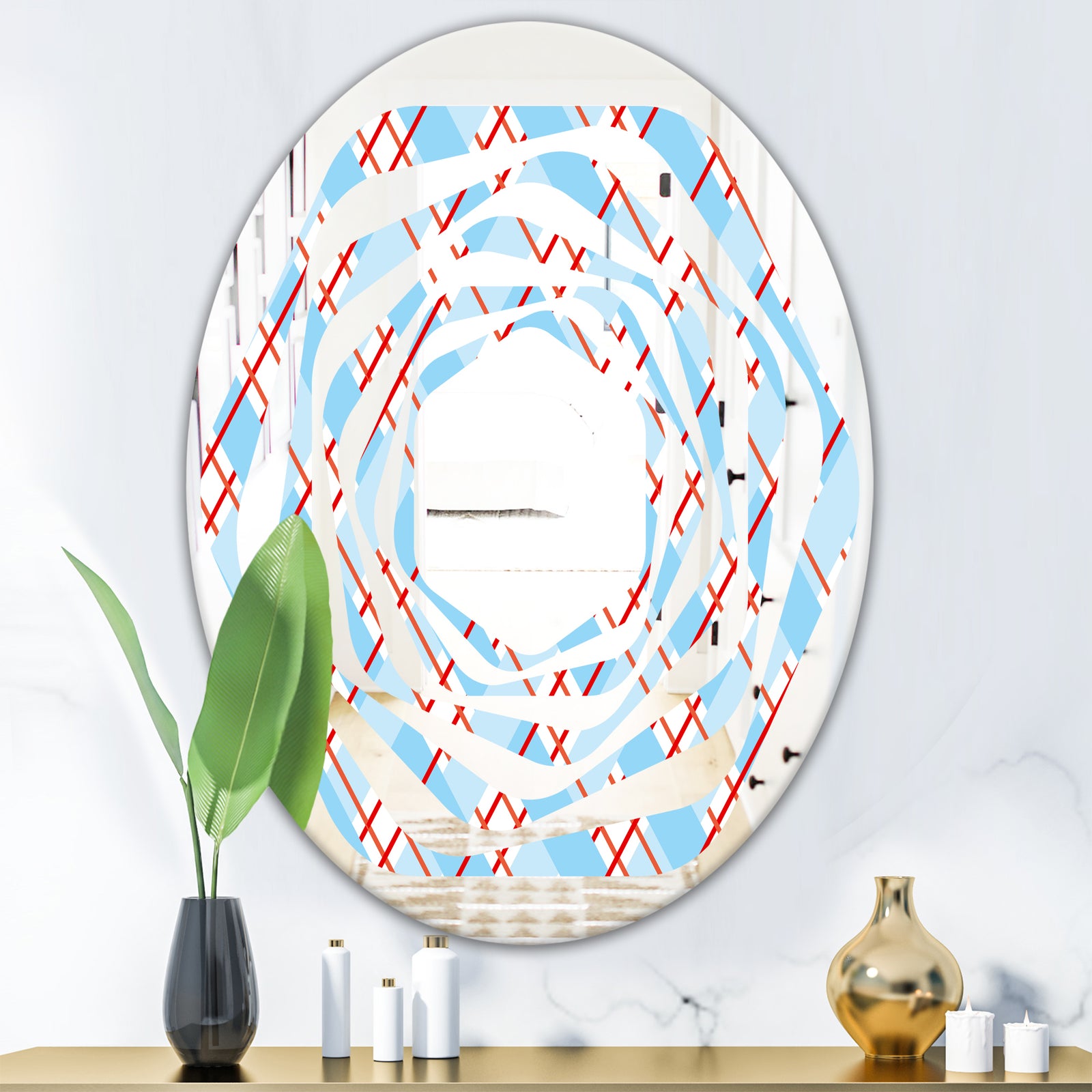 Blue and Red Plaid - Modern Round or Oval Wall Mirror - Whirl