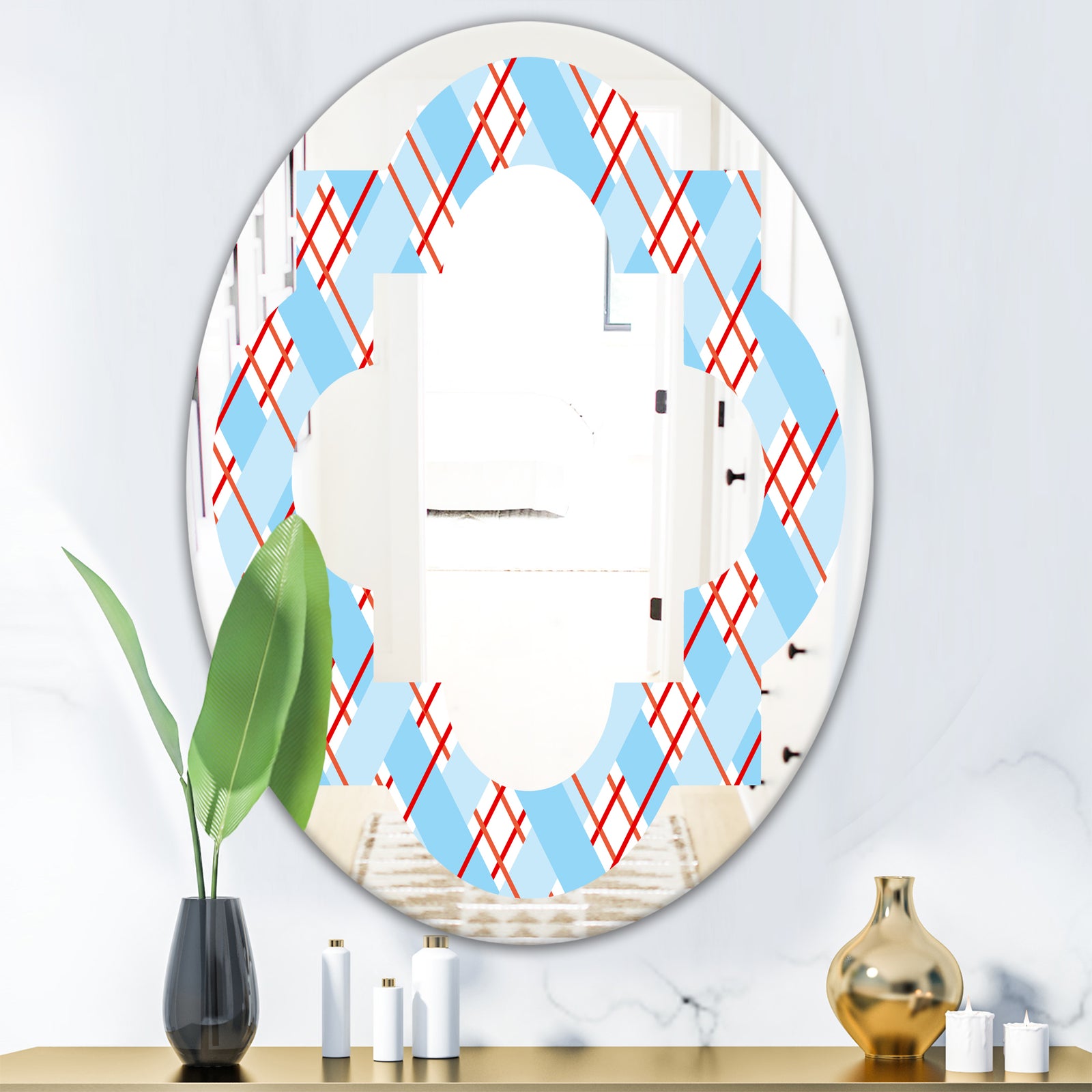 Blue and Red Plaid - Modern Round or Oval Wall Mirror - Quatrefoil