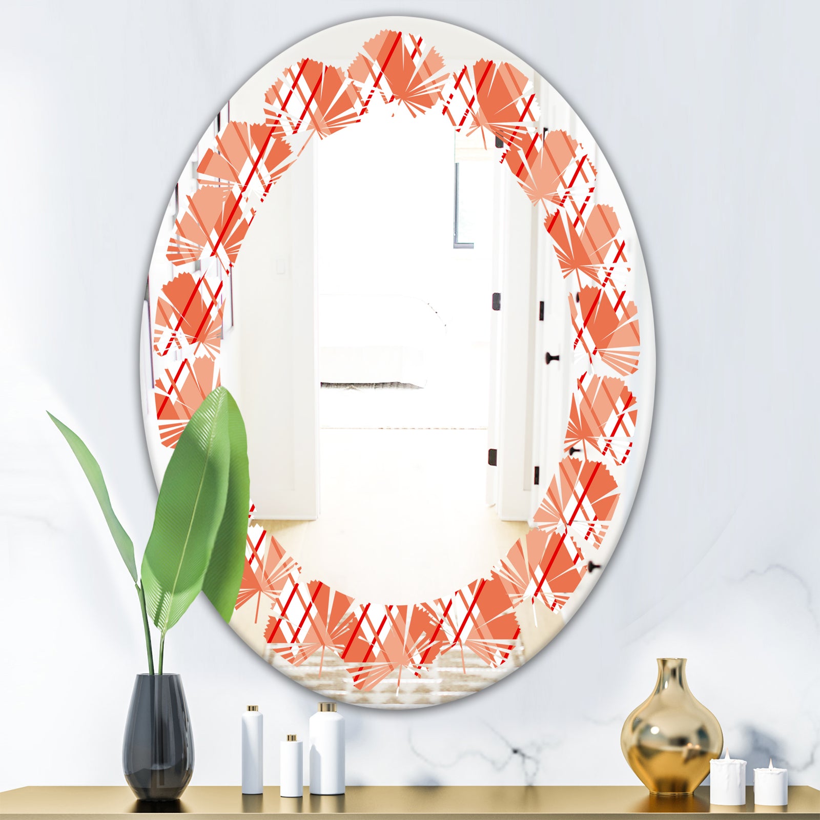 Retro Checkered Pattern I - Modern Round or Oval Wall Mirror - Leaves
