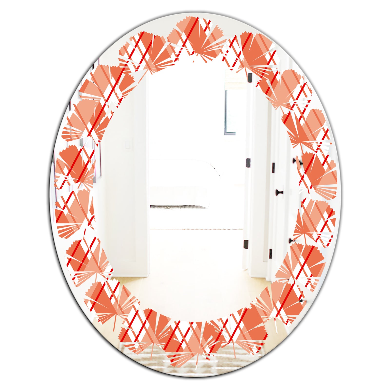 Retro Checkered Pattern I - Modern Round or Oval Wall Mirror - Leaves