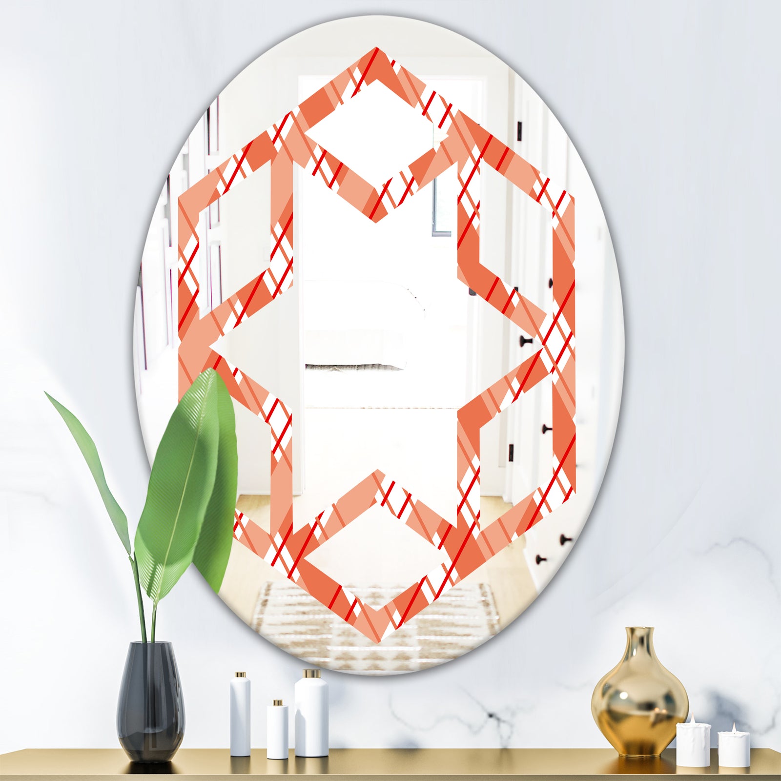 Retro Checkered Pattern I - Modern Round or Oval Wall Mirror - Hexagon Star