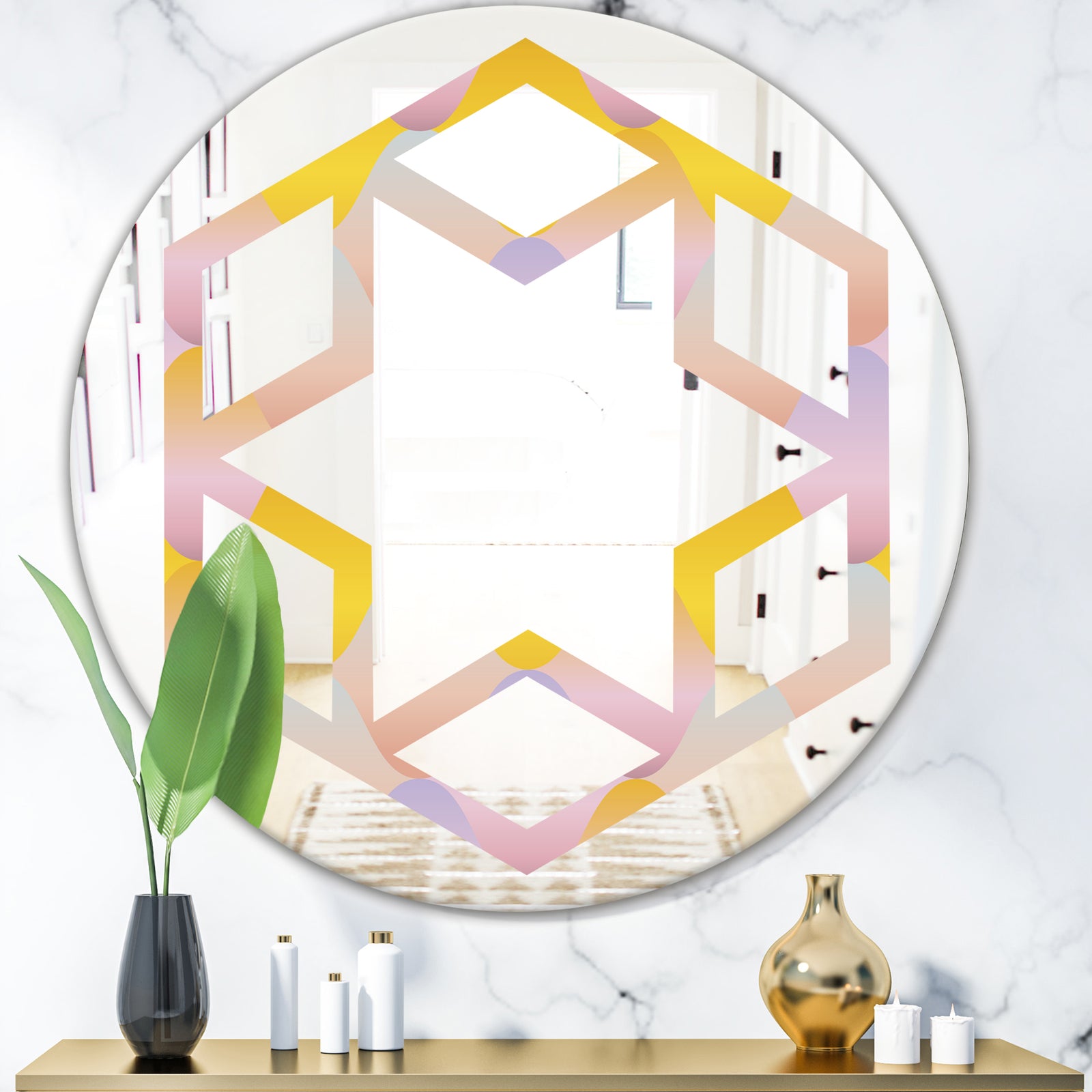 Golden Geometrical Diamond Pattern II - Modern Round or Oval Wall Mirror - Hexagon Star