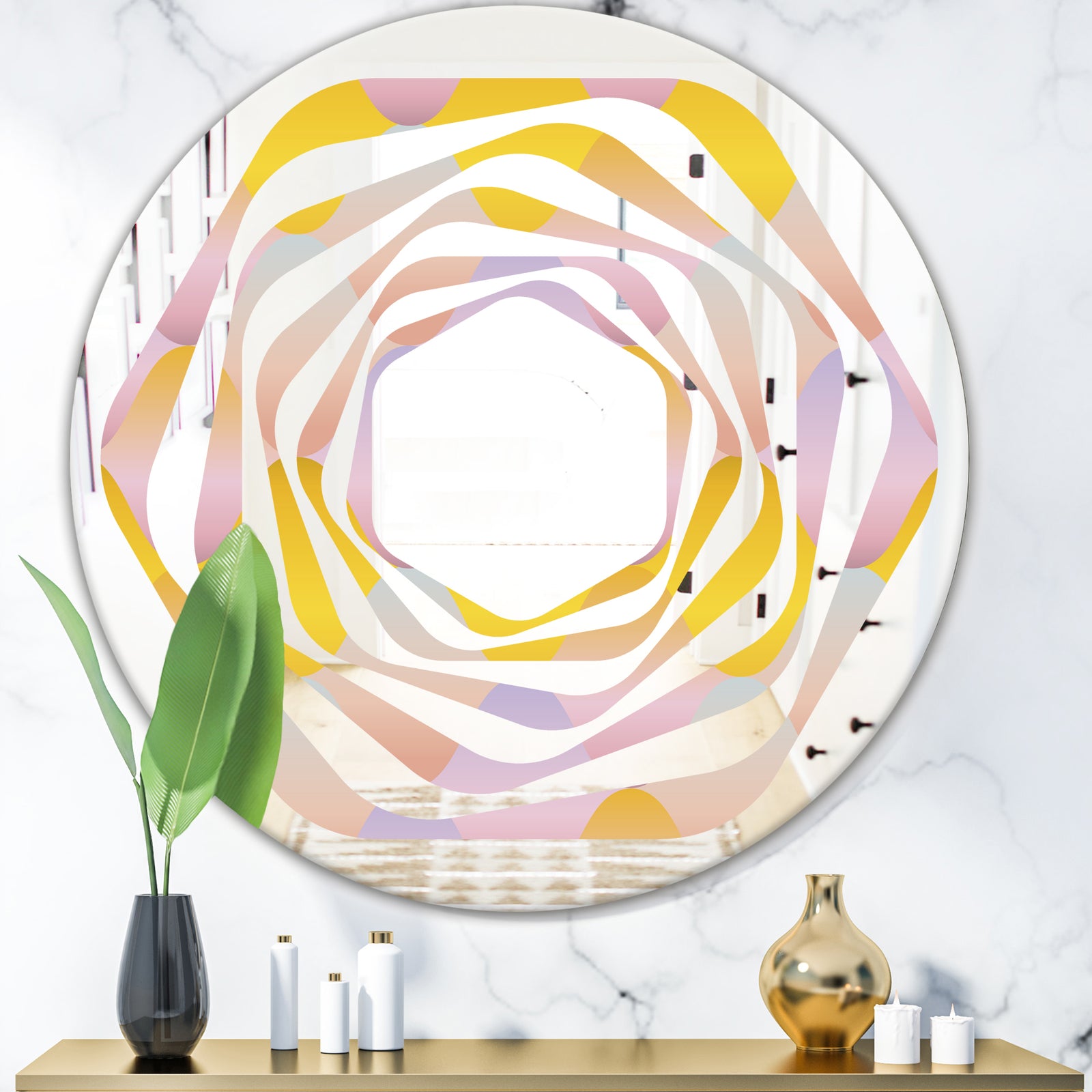 Golden Geometrical Diamond Pattern II - Modern Round or Oval Wall Mirror - Whirl