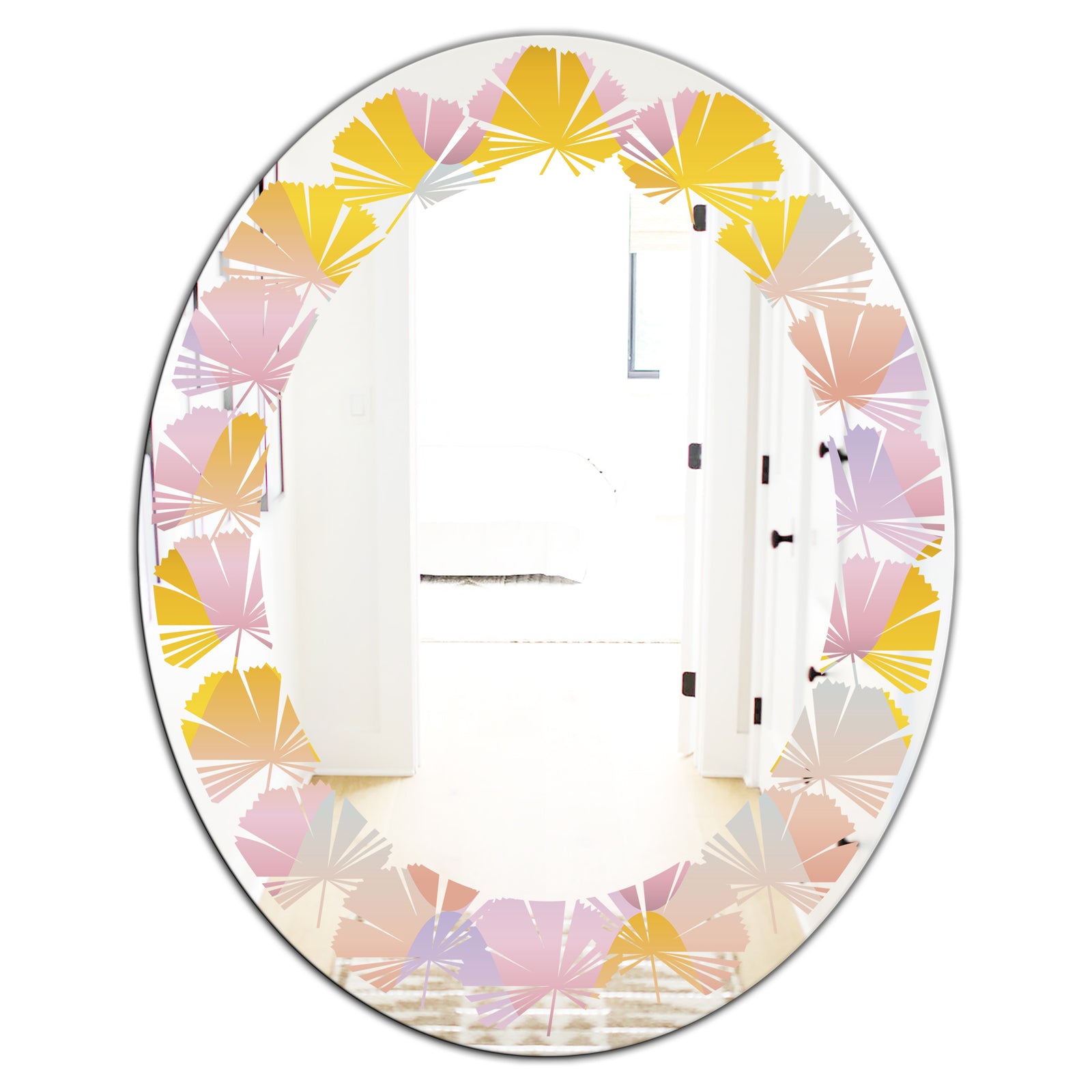 Golden Geometrical Diamond Pattern II - Modern Round or Oval Wall Mirror - Leaves