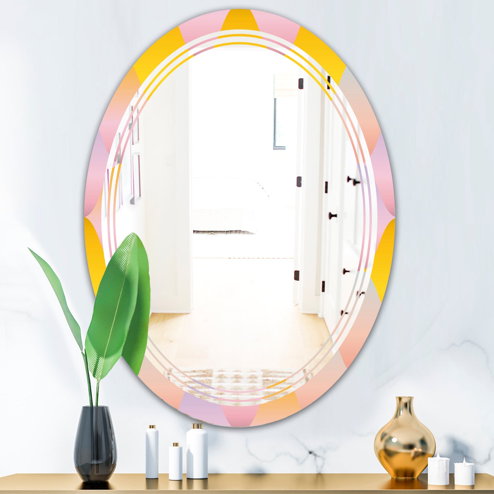 Golden Geometrical Diamond Pattern II - Modern Round or Oval Wall Mirror - Triple C