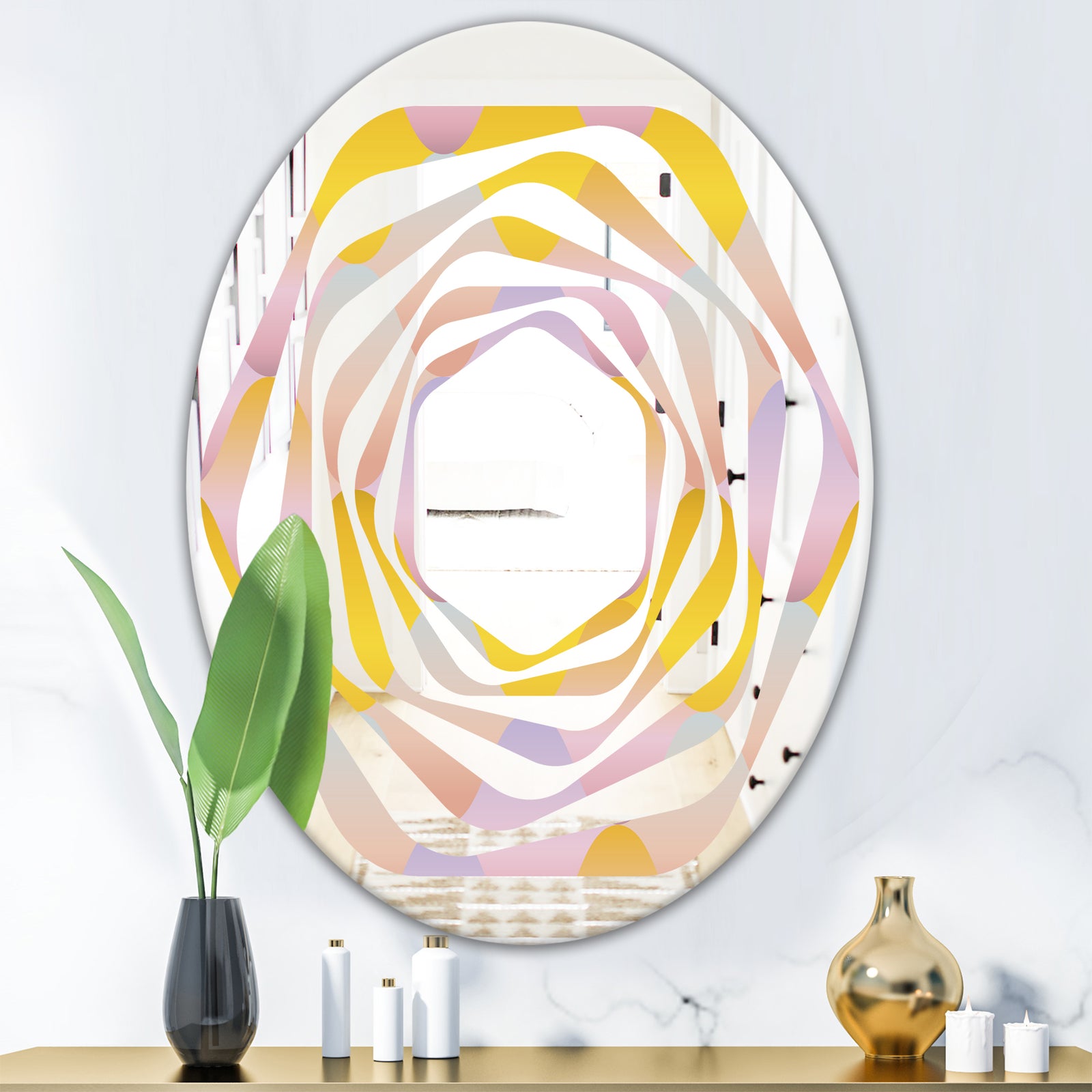 Golden Geometrical Diamond Pattern II - Modern Round or Oval Wall Mirror - Whirl