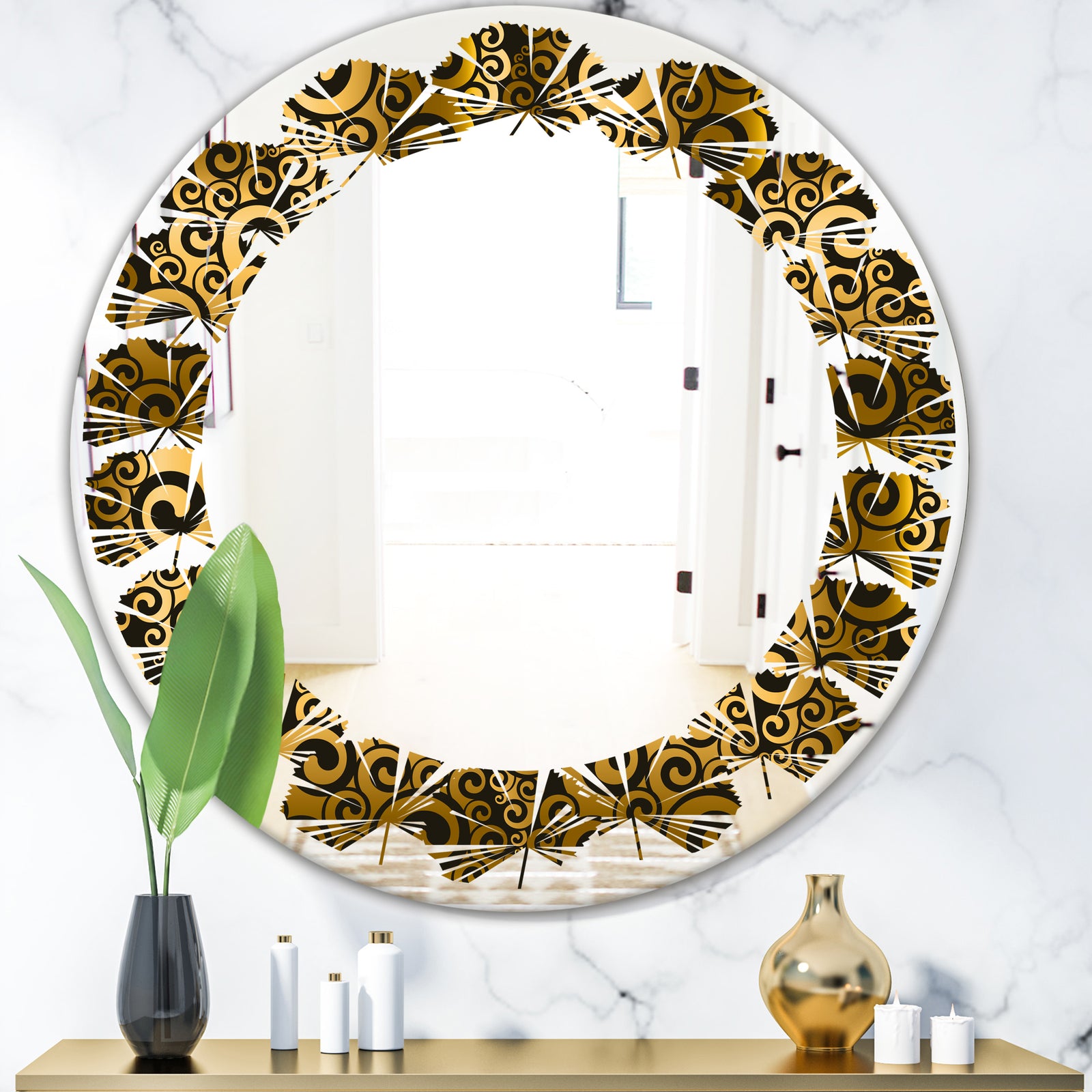 Gold and Black Swirl I - Modern Round or Oval Wall Mirror - Leaves