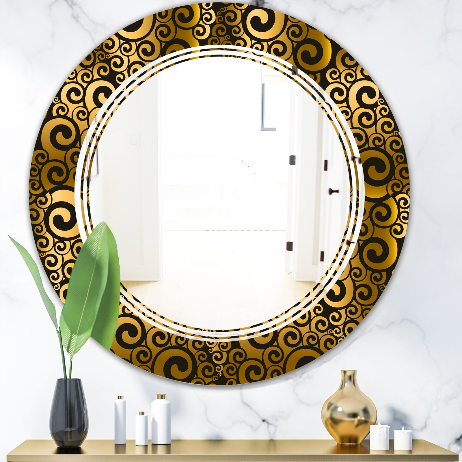 Gold and Black Swirl I - Modern Round or Oval Wall Mirror - Triple C