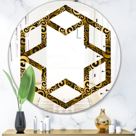 Gold and Black Swirl I - Modern Round or Oval Wall Mirror - Hexagon Star