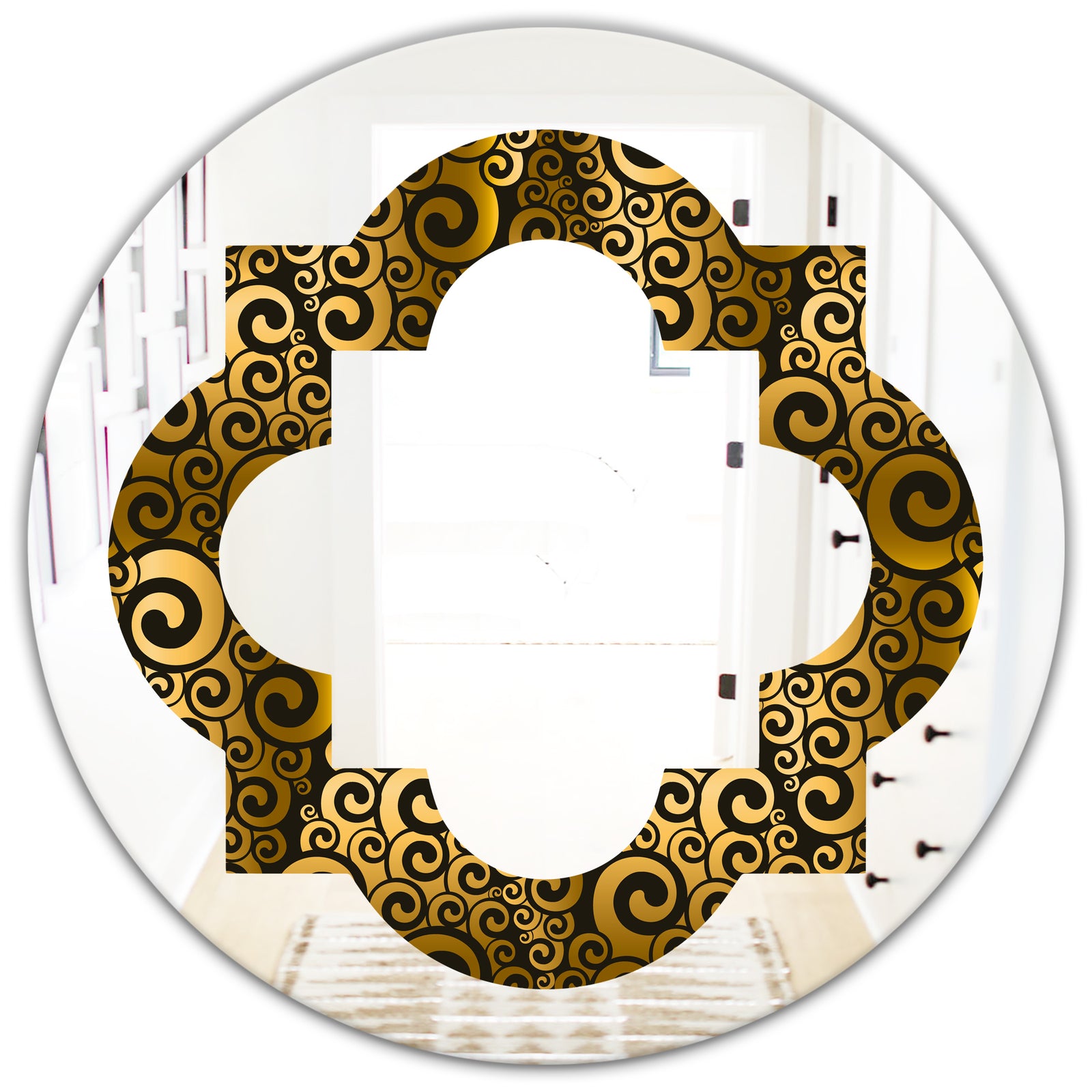Gold and Black Swirl I - Modern Round or Oval Wall Mirror - Quatrefoil