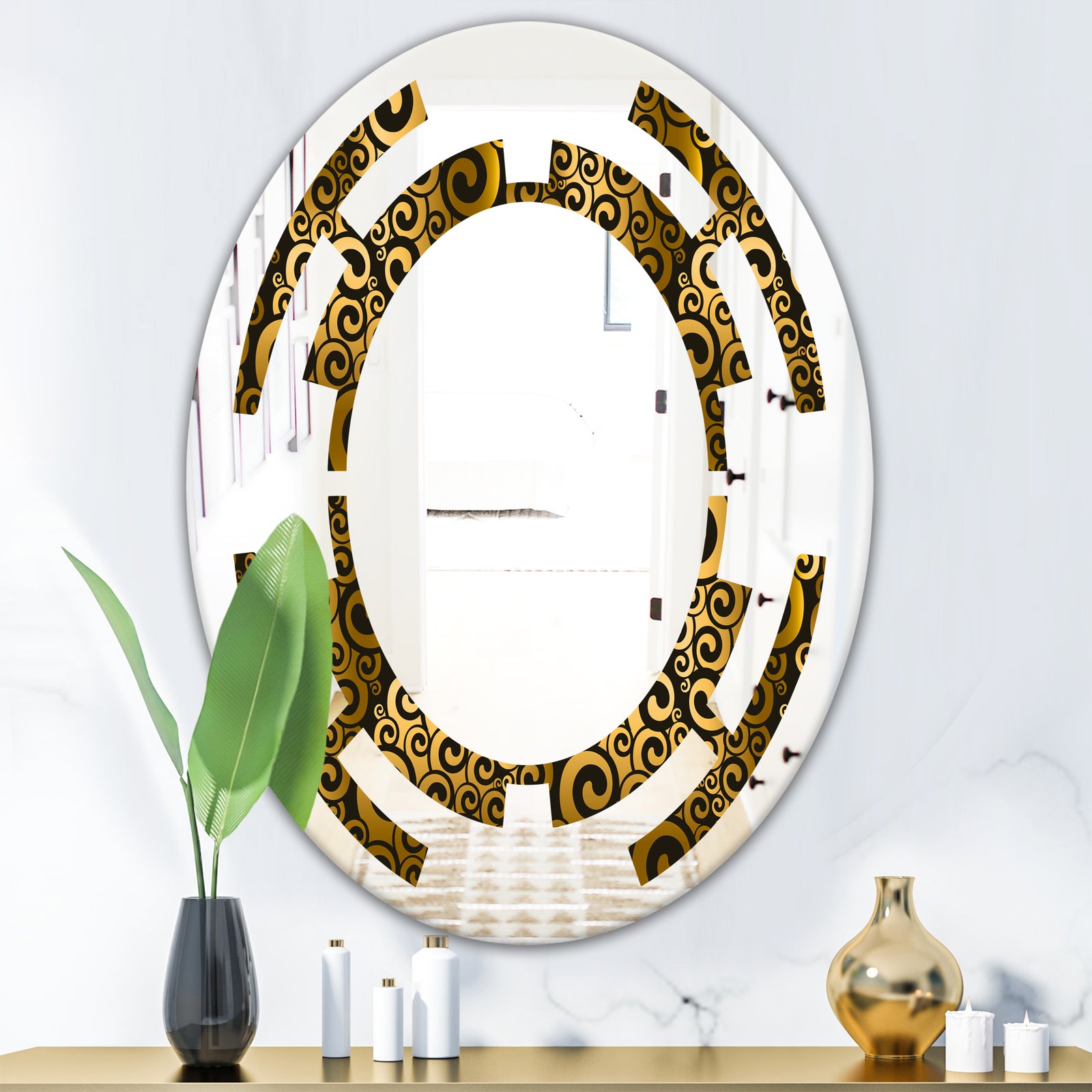 Gold and Black Swirl I - Modern Round or Oval Wall Mirror - Space