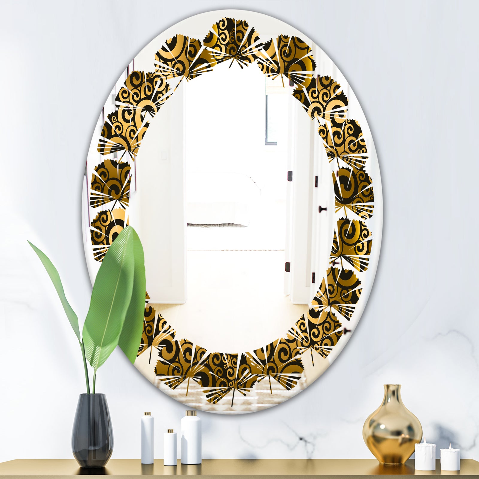 Gold and Black Swirl I - Modern Round or Oval Wall Mirror - Leaves