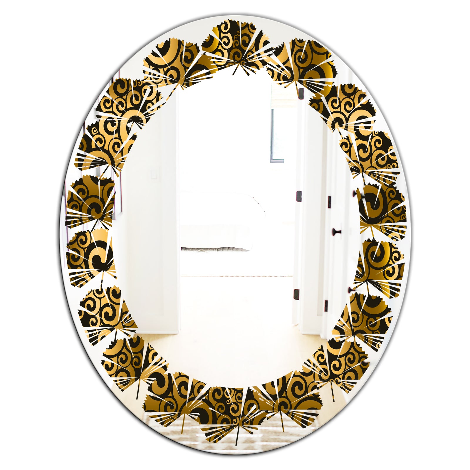 Gold and Black Swirl I - Modern Round or Oval Wall Mirror - Leaves