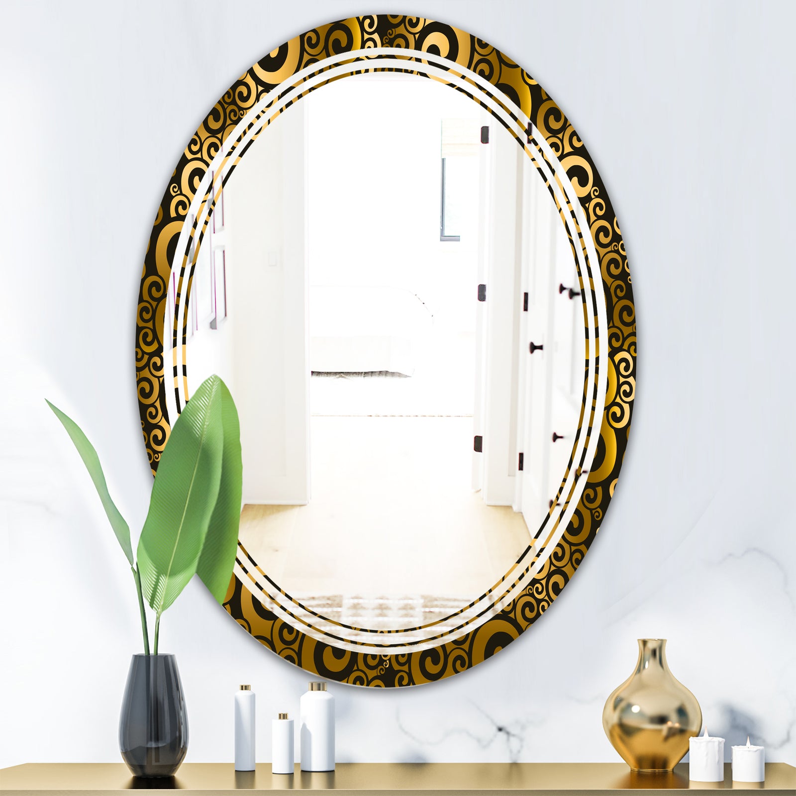 Gold and Black Swirl I - Modern Round or Oval Wall Mirror - Triple C