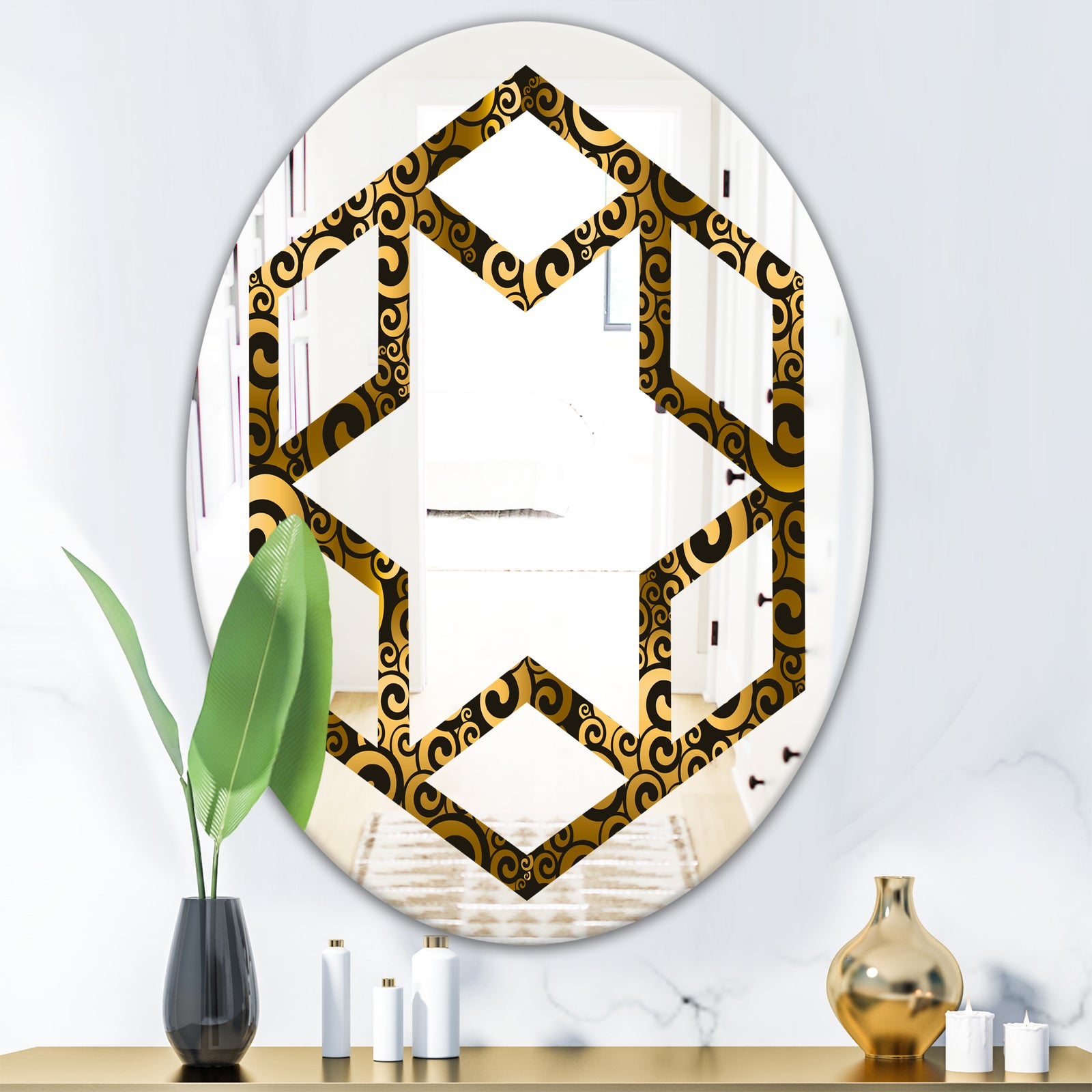 Gold and Black Swirl I - Modern Round or Oval Wall Mirror - Hexagon Star