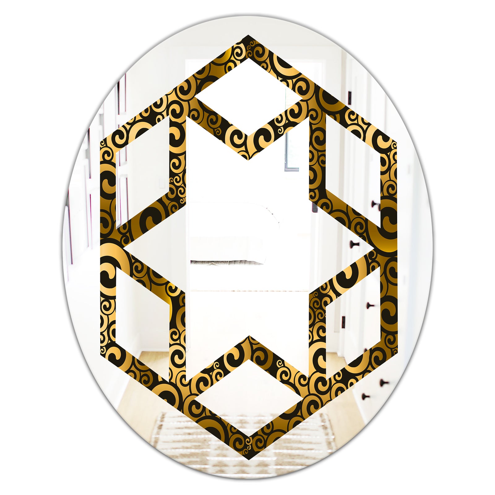 Gold and Black Swirl I - Modern Round or Oval Wall Mirror - Hexagon Star
