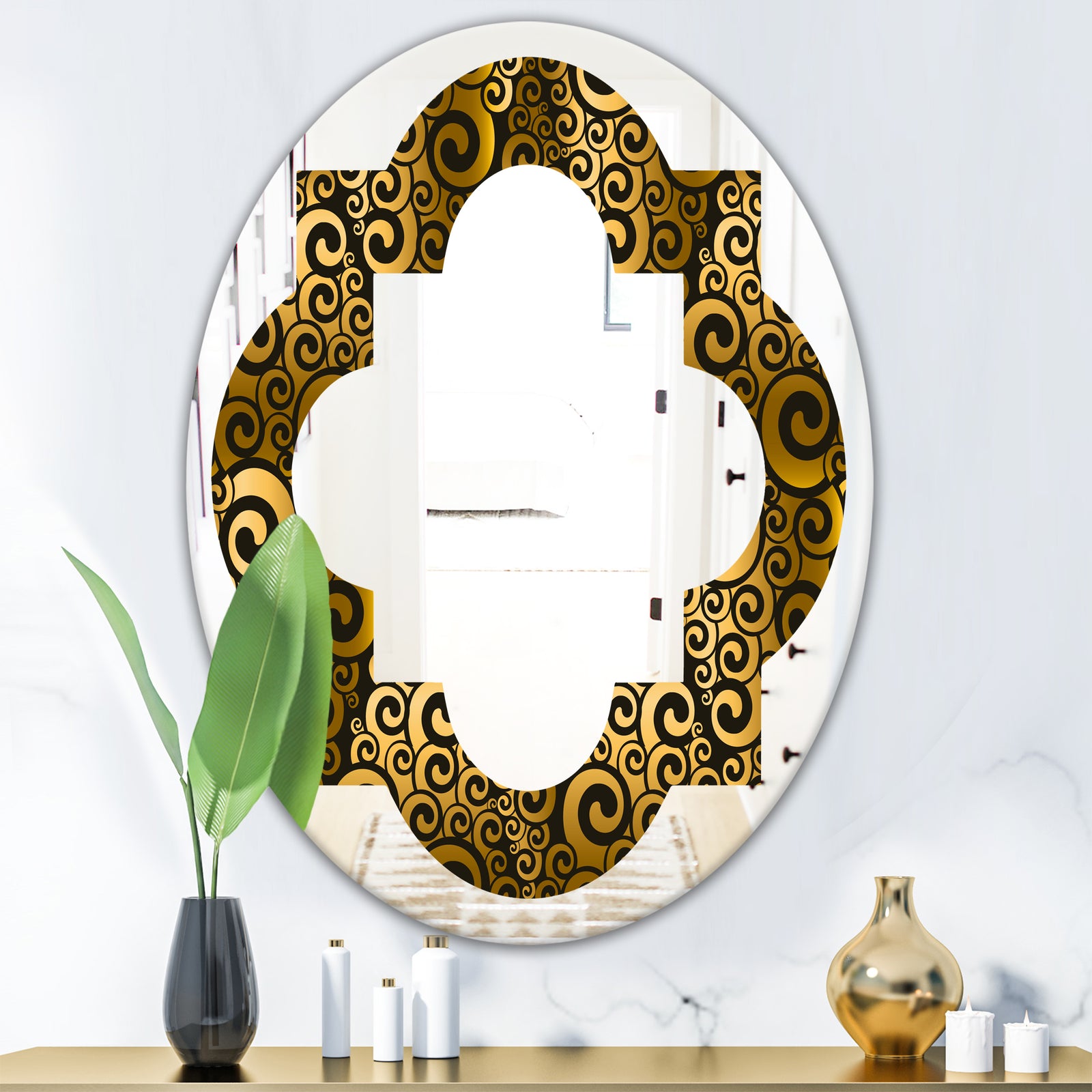 Gold and Black Swirl I - Modern Round or Oval Wall Mirror - Quatrefoil