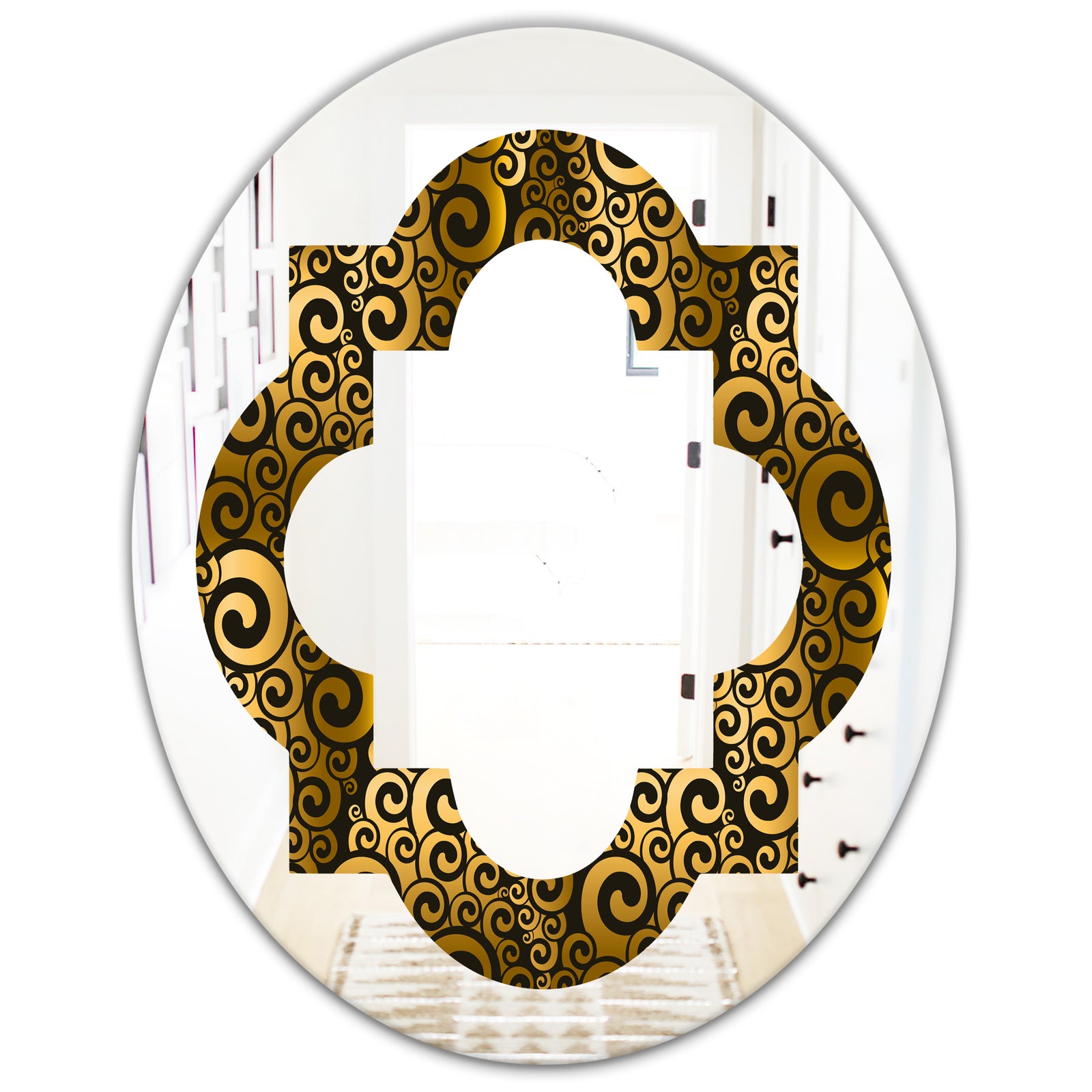 Gold and Black Swirl I - Modern Round or Oval Wall Mirror - Quatrefoil