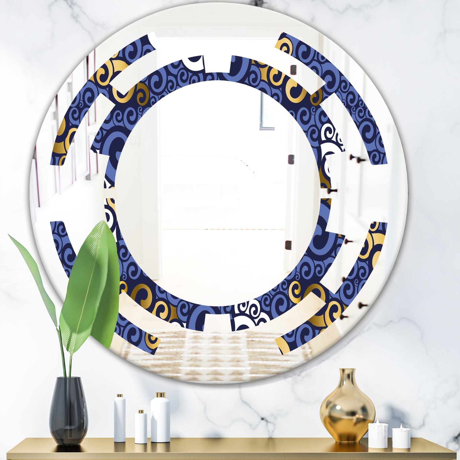 Retro Luxury Waves In Gold and Blue III - Modern Round or Oval Wall Mirror - Space