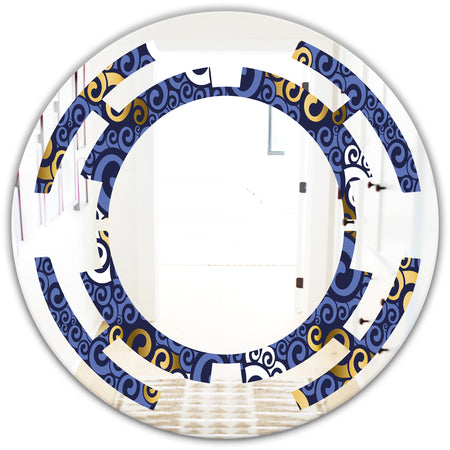 Retro Luxury Waves In Gold and Blue III - Modern Round or Oval Wall Mirror - Space