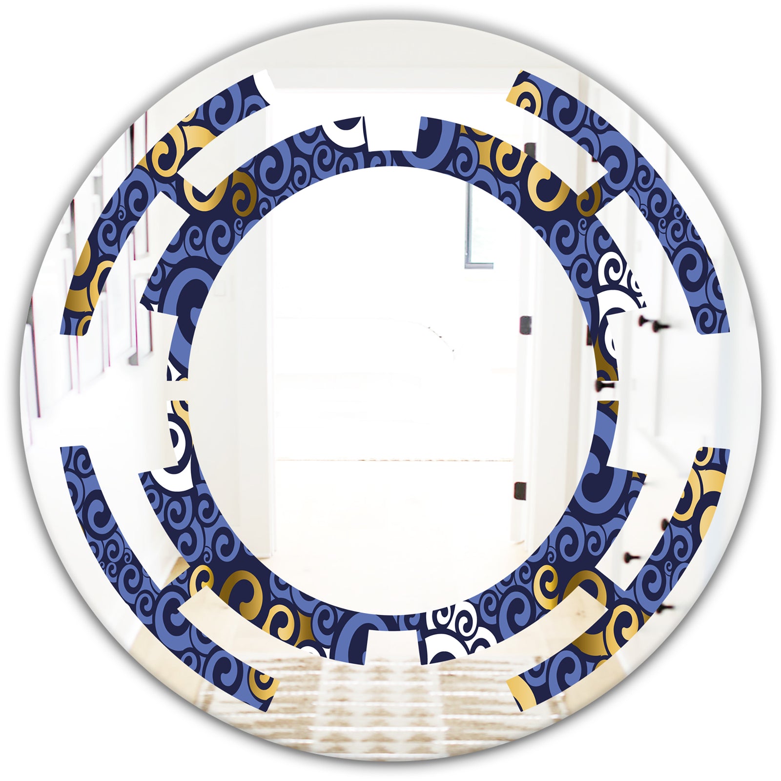 Retro Luxury Waves In Gold and Blue III - Modern Round or Oval Wall Mirror - Space