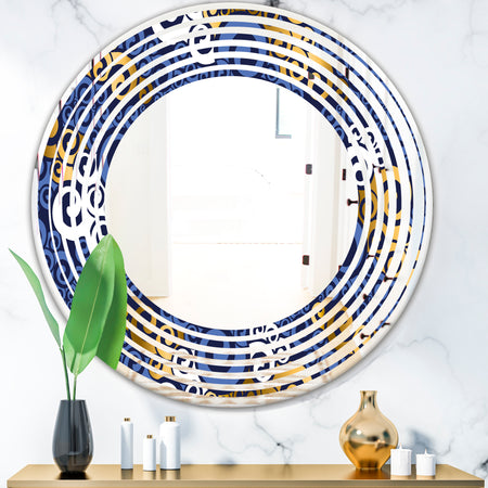 Retro Luxury Waves In Gold and Blue III - Modern Round or Oval Wall Mirror - Wave