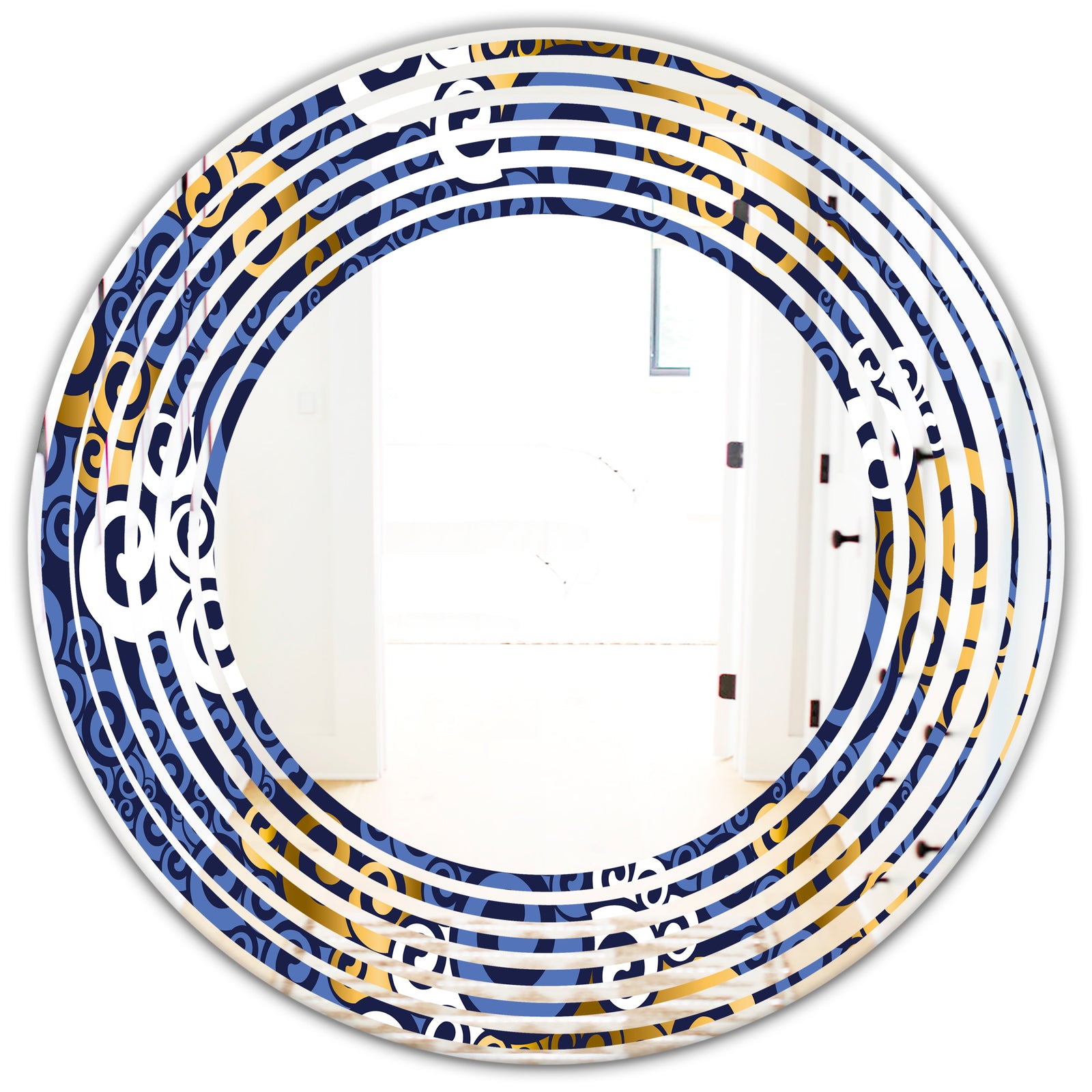 Retro Luxury Waves In Gold and Blue III - Modern Round or Oval Wall Mirror - Wave