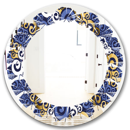 Retro Luxury Waves In Gold and Blue III - Modern Round or Oval Wall Mirror - Leaves