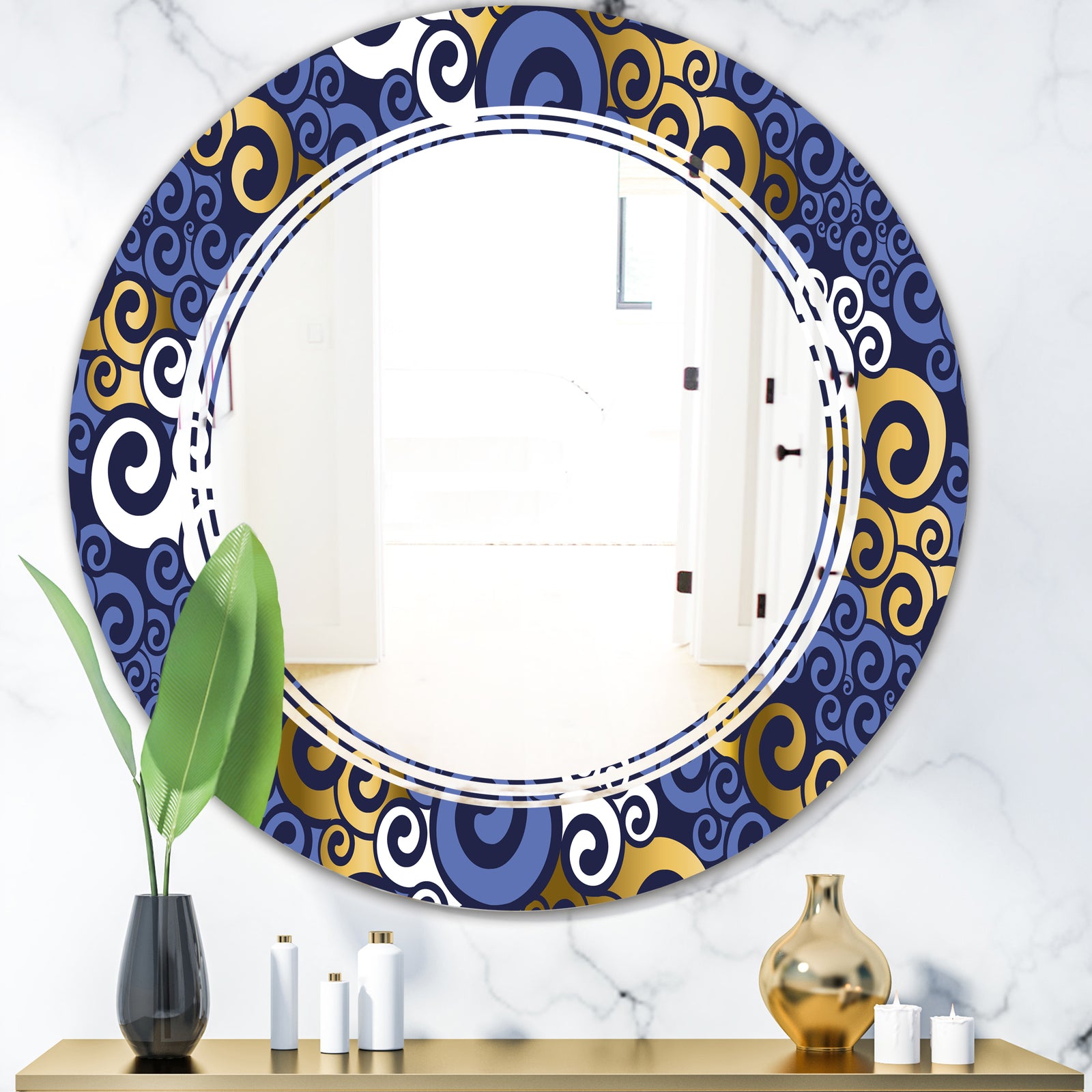 Retro Luxury Waves In Gold and Blue III - Modern Round or Oval Wall Mirror - Triple C