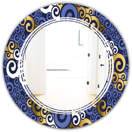 Retro Luxury Waves In Gold and Blue III - Modern Round or Oval Wall Mirror - Triple C