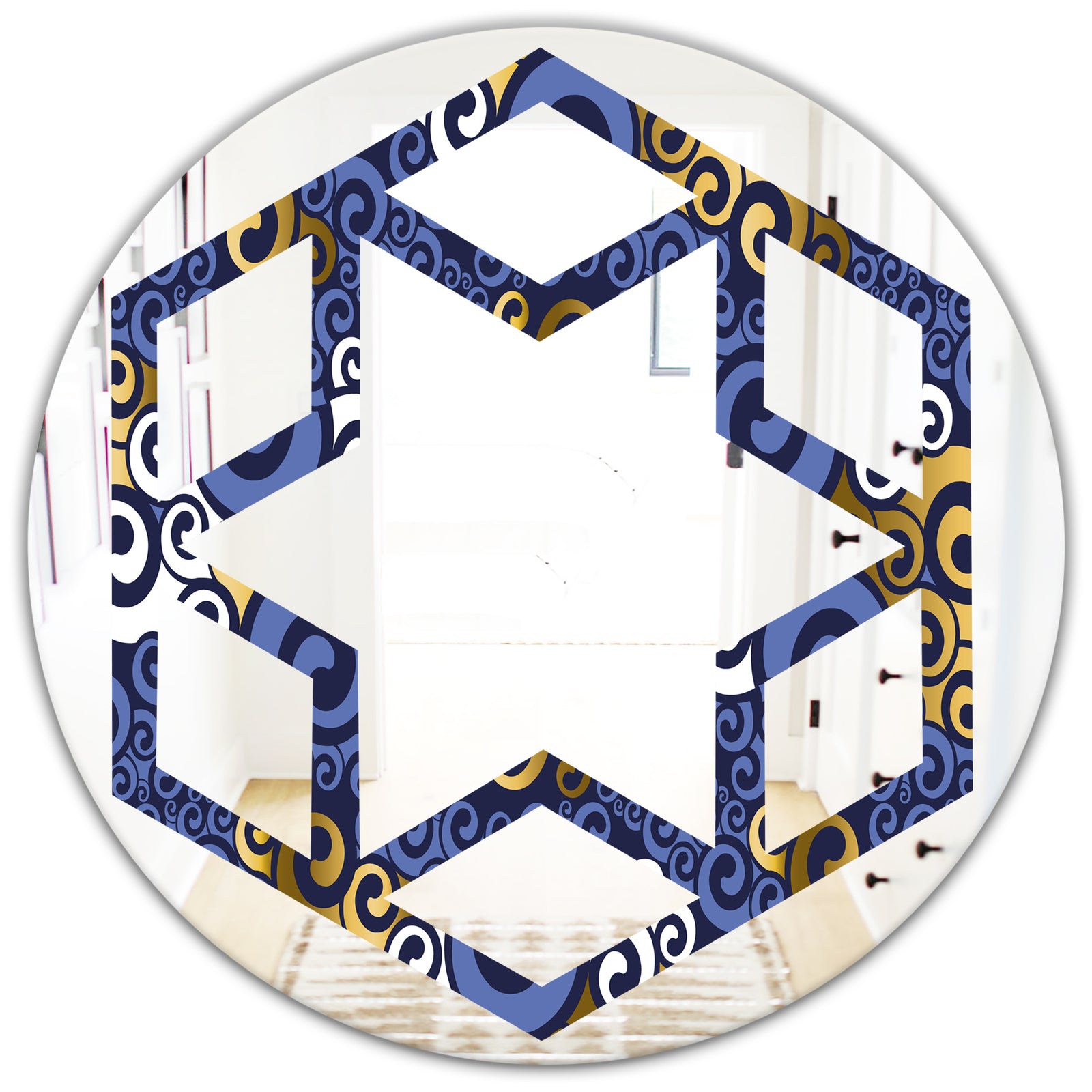 Retro Luxury Waves In Gold and Blue III - Modern Round or Oval Wall Mirror - Hexagon Star