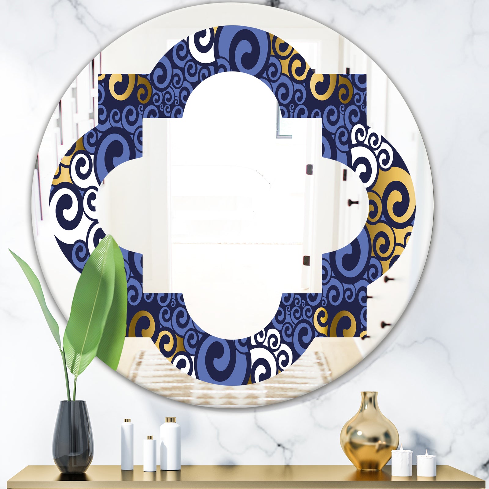 Retro Luxury Waves In Gold and Blue III - Modern Round or Oval Wall Mirror - Quatrefoil