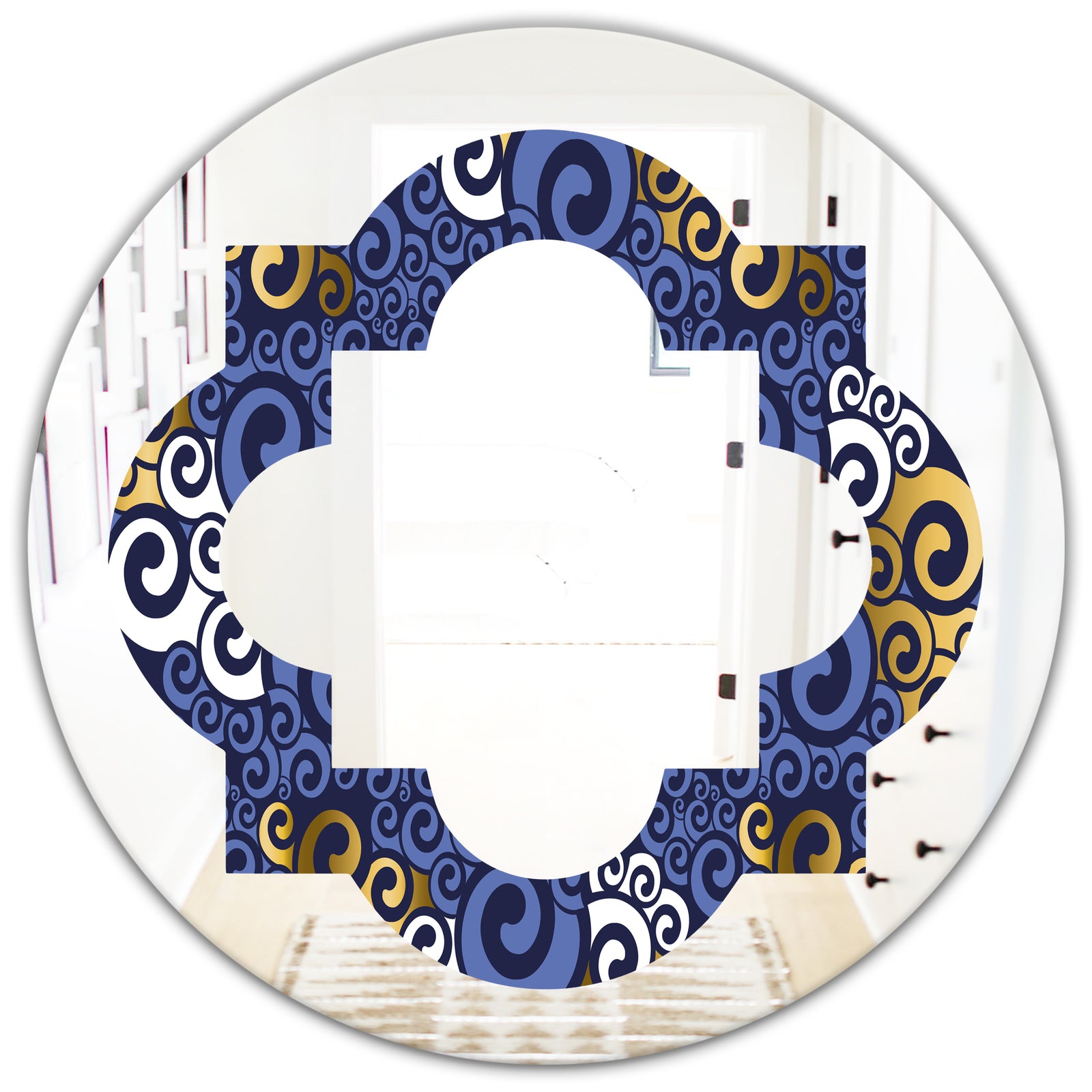 Retro Luxury Waves In Gold and Blue III - Modern Round or Oval Wall Mirror - Quatrefoil