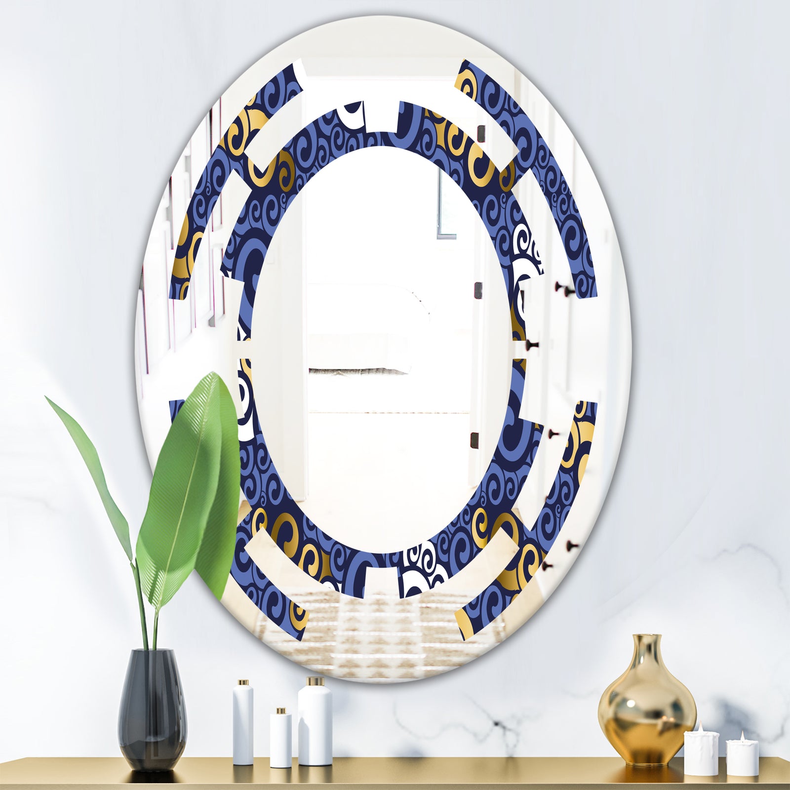 Retro Luxury Waves In Gold and Blue III - Modern Round or Oval Wall Mirror - Space