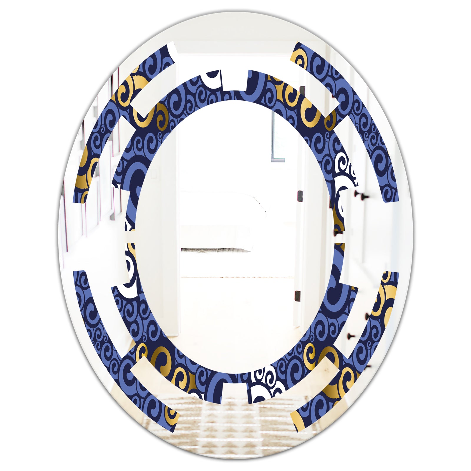 Retro Luxury Waves In Gold and Blue III - Modern Round or Oval Wall Mirror - Space