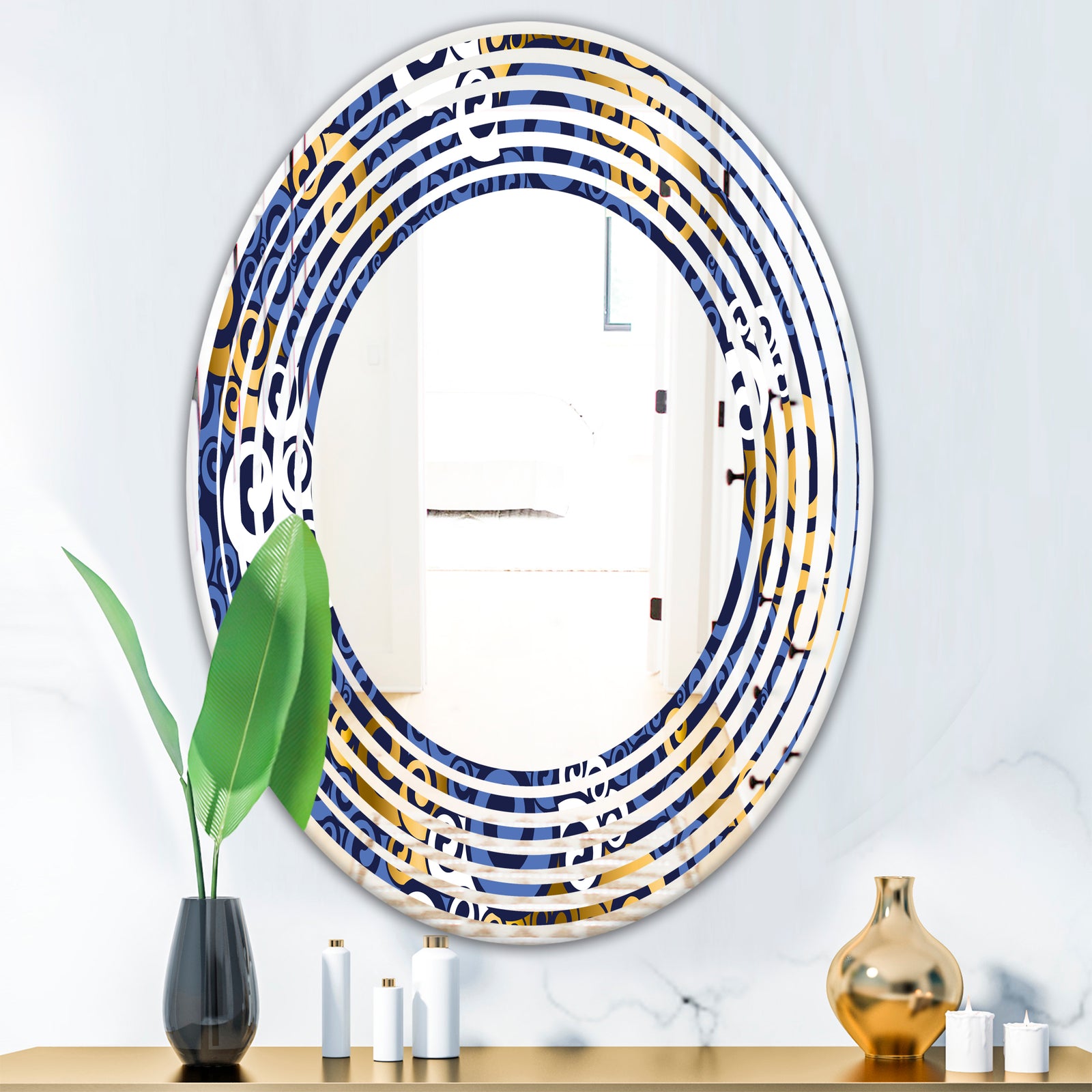 Retro Luxury Waves In Gold and Blue III - Modern Round or Oval Wall Mirror - Wave